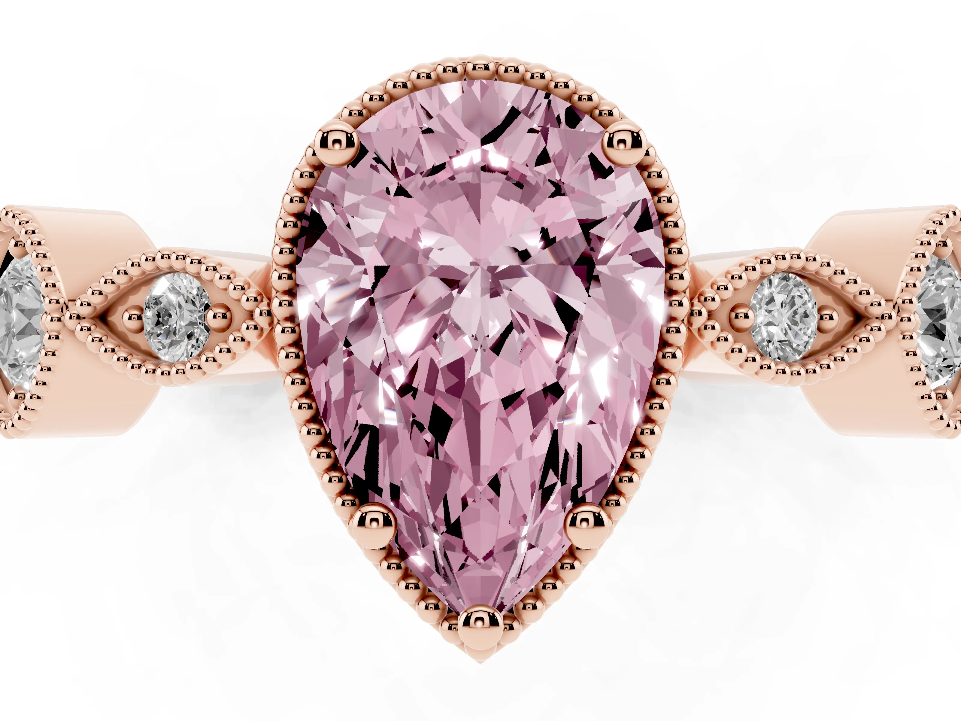 Fancy Pink Pear Cut Diamond Vintage-Inspired Milgrain Ring Set in Rose gold with Marquise Stations of Round Accents