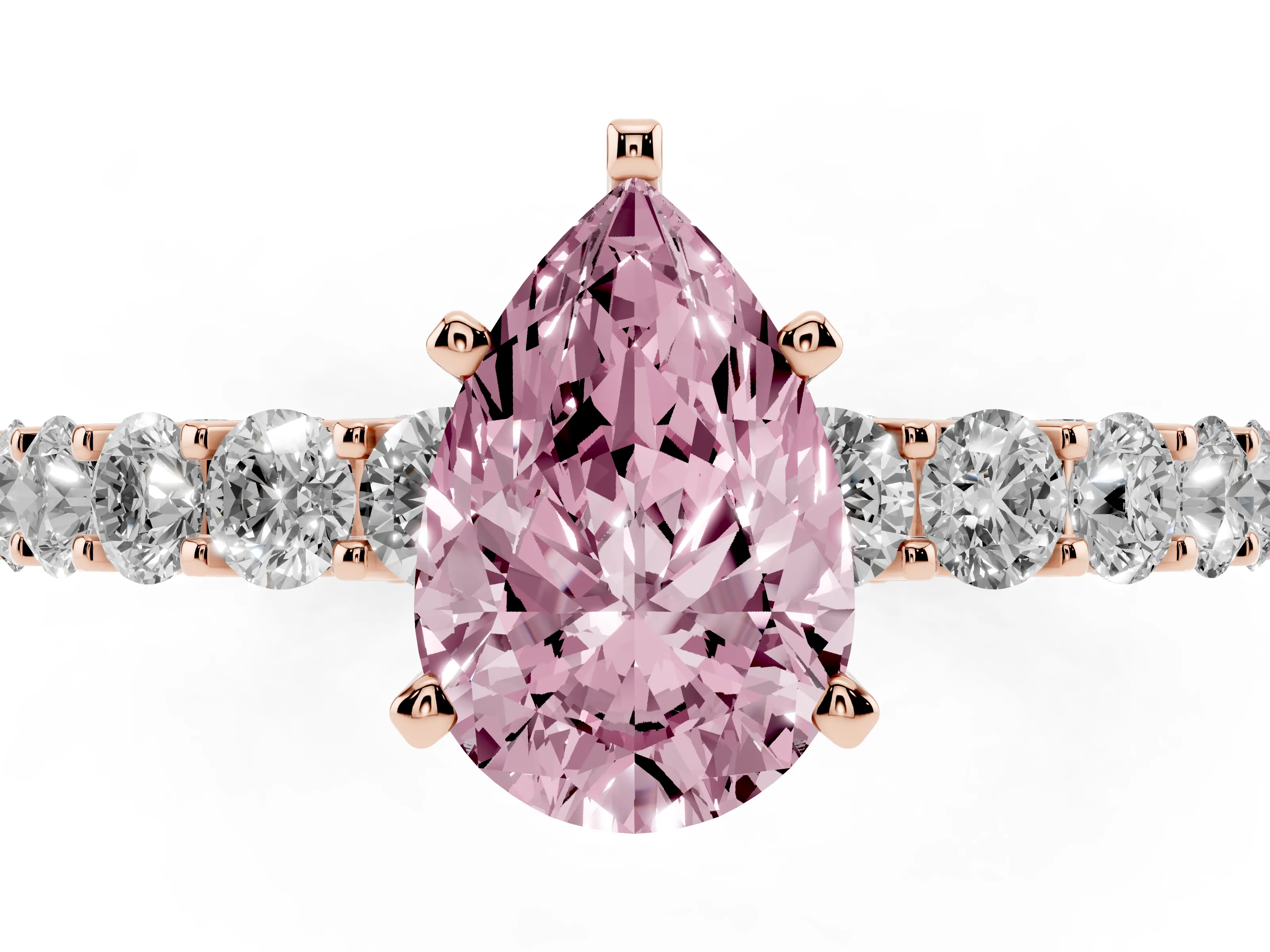Fancy Pink Pear Cut Diamond Solitaire Ring Set in Rose gold with Shared Prong Pavé Band