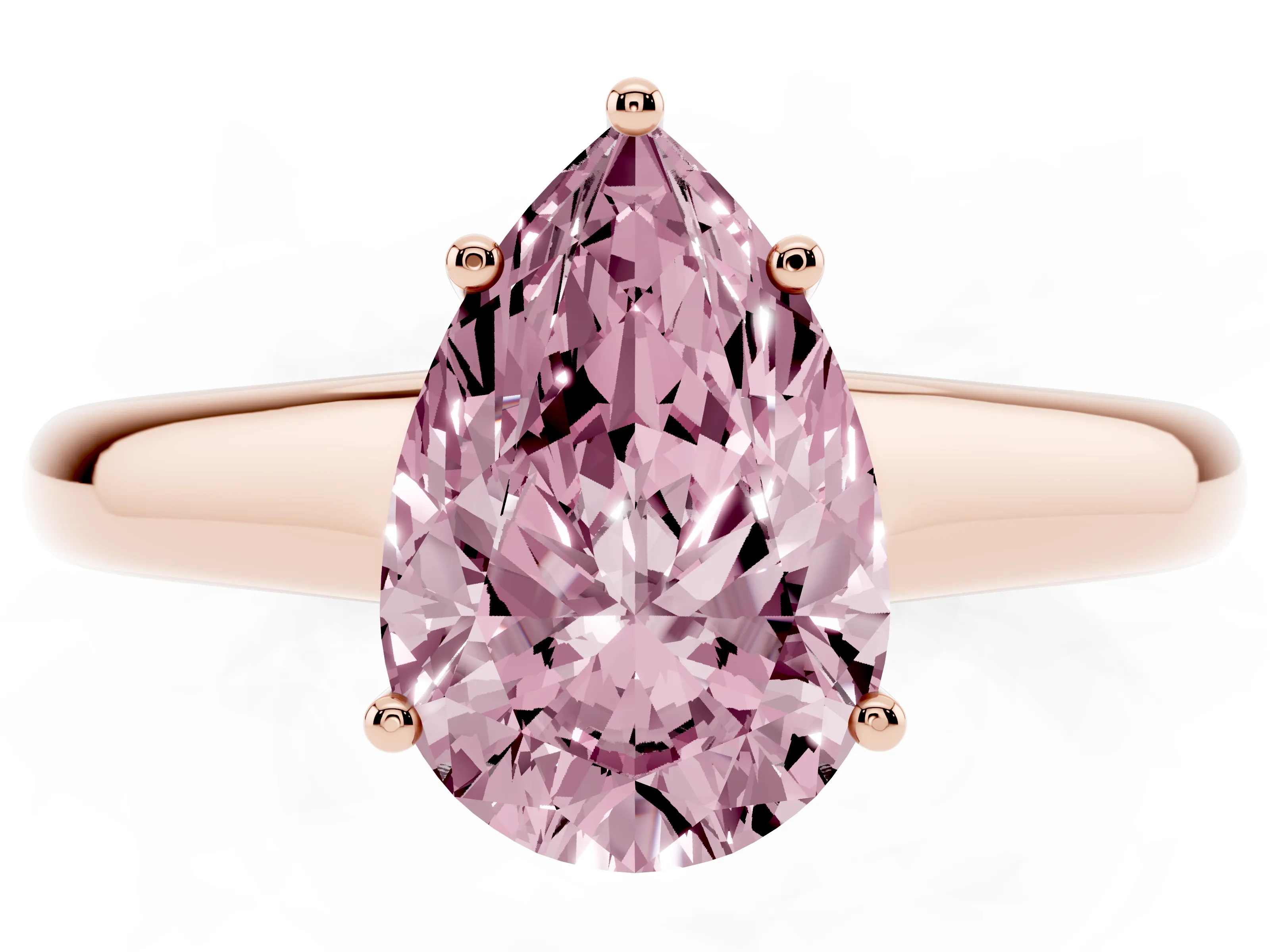 Fancy Pink Pear Cut Diamond Solitaire Engagement Ring Set in Rose gold with Subtly Tapered Band and Prong Setting