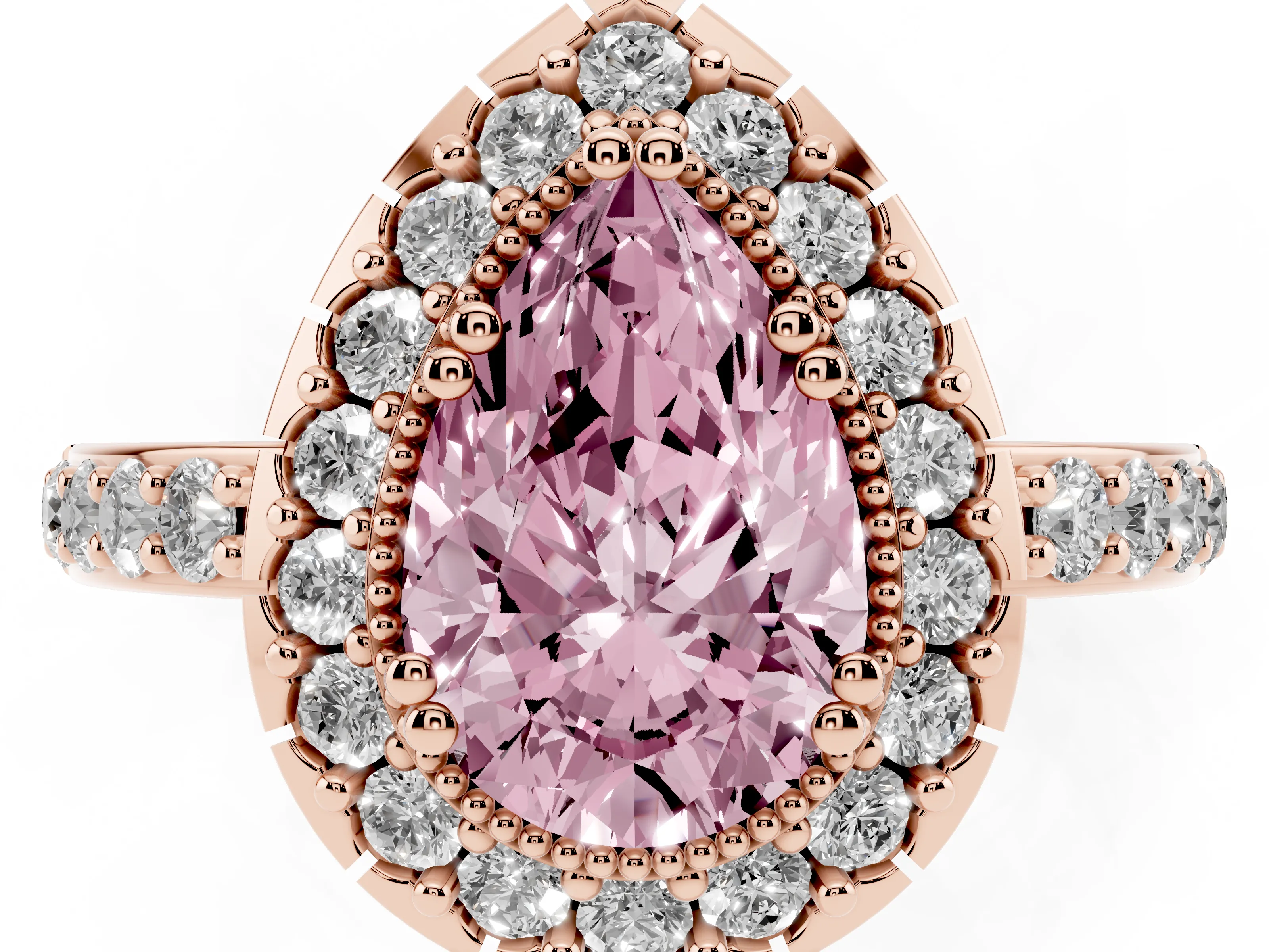 Fancy Pink Pear Cut Diamond Halo Ring Set in Rose gold with Pavé Shank and Prong Setting