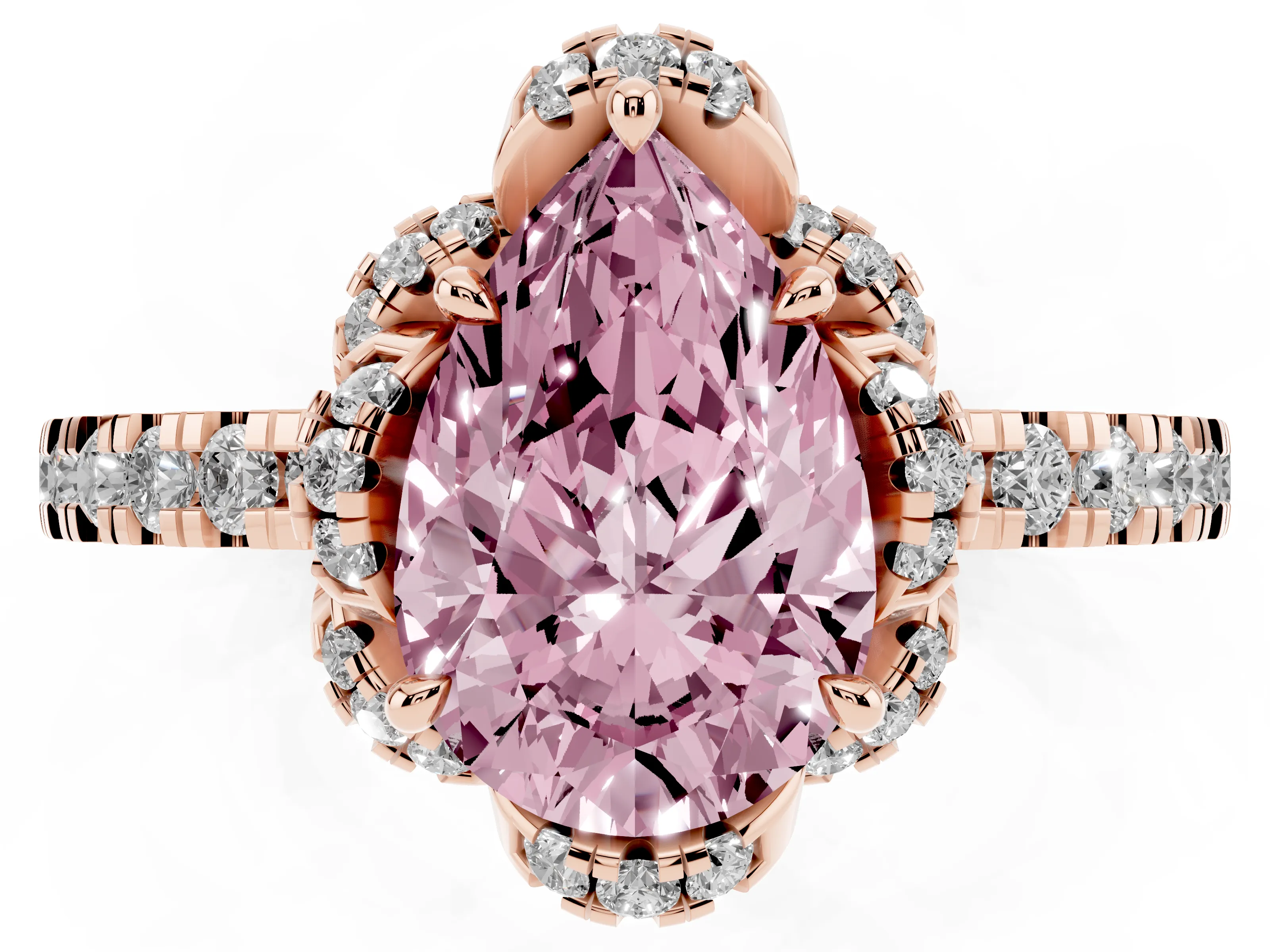 Fancy Pink Pear Cut Diamond Halo Pavé Band Ring Set in Rose gold with Prong-Held Center