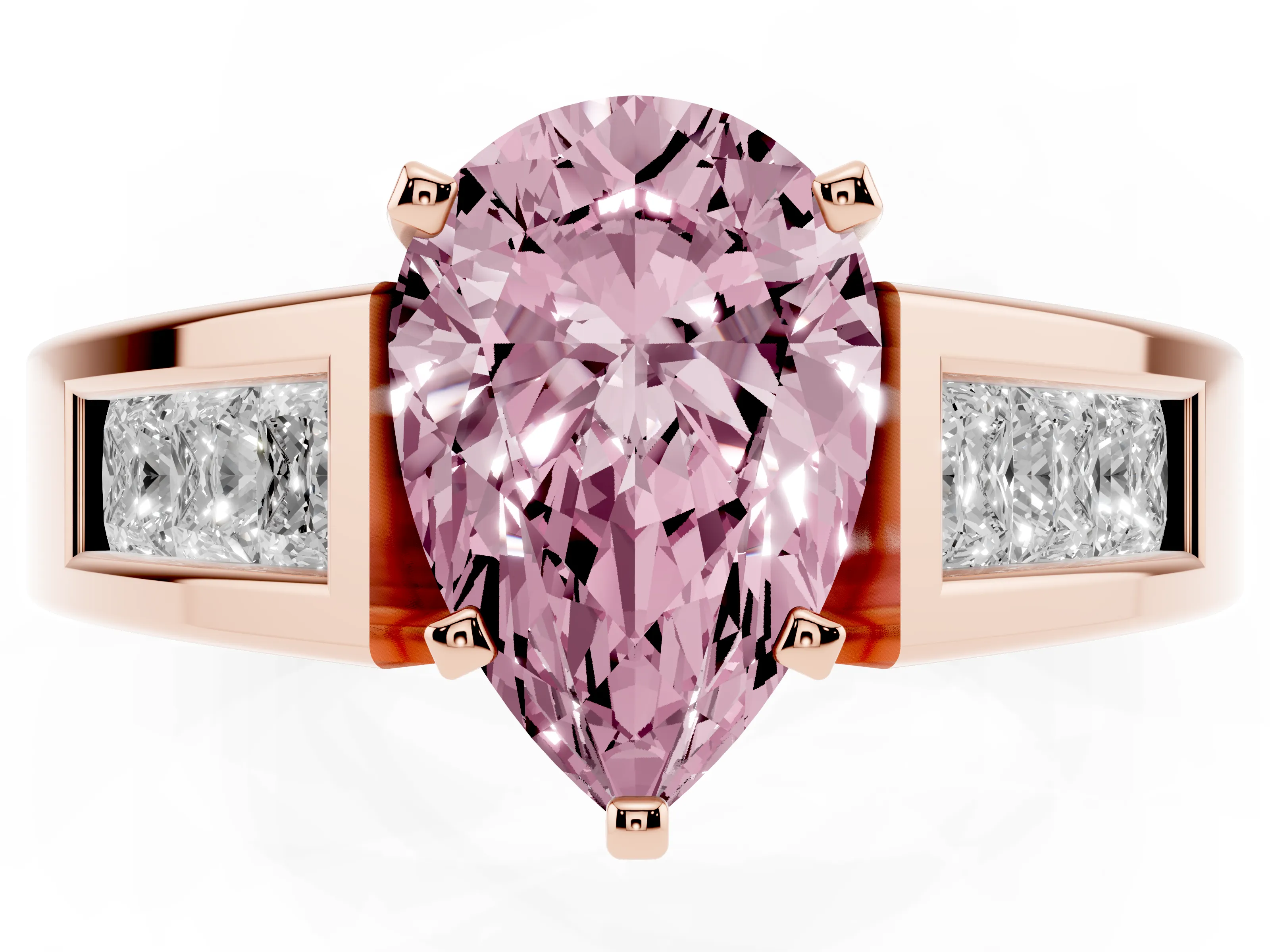 Fancy Pink Pear Cut Diamond Solitaire Ring Set in Rose gold with Channel-Set Accent Stones and Prong Setting