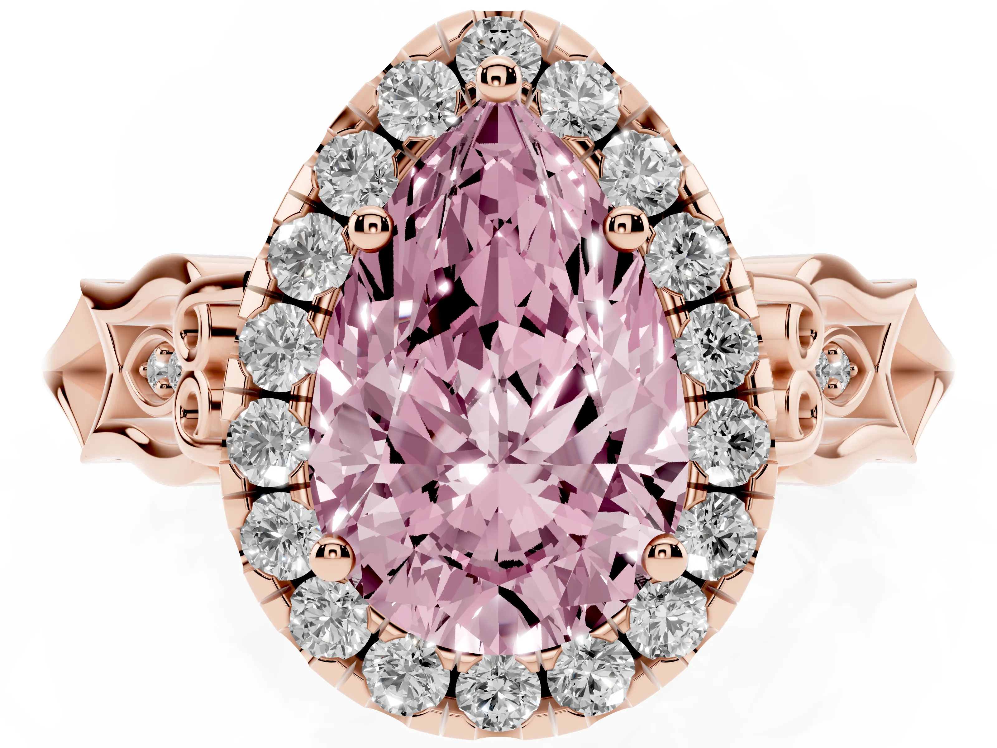 Fancy Pink Pear Cut Diamond Halo Engagement Ring Set in Rose gold with Filigree Band and Prong-Set Center