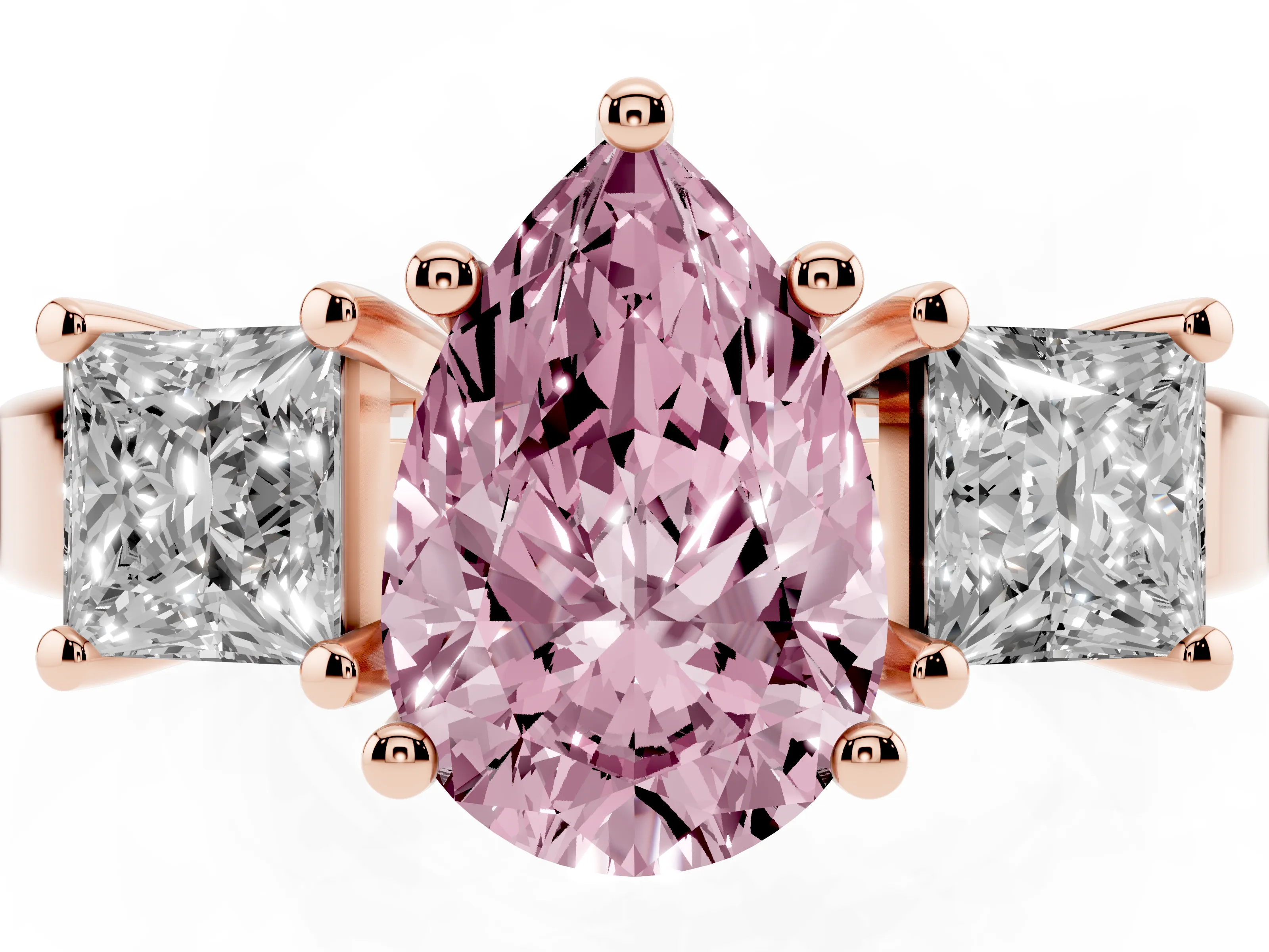 Fancy Pink Three-Stone Pear Cut Diamond Solitaire Ring Set in Rose gold with Prong Setting