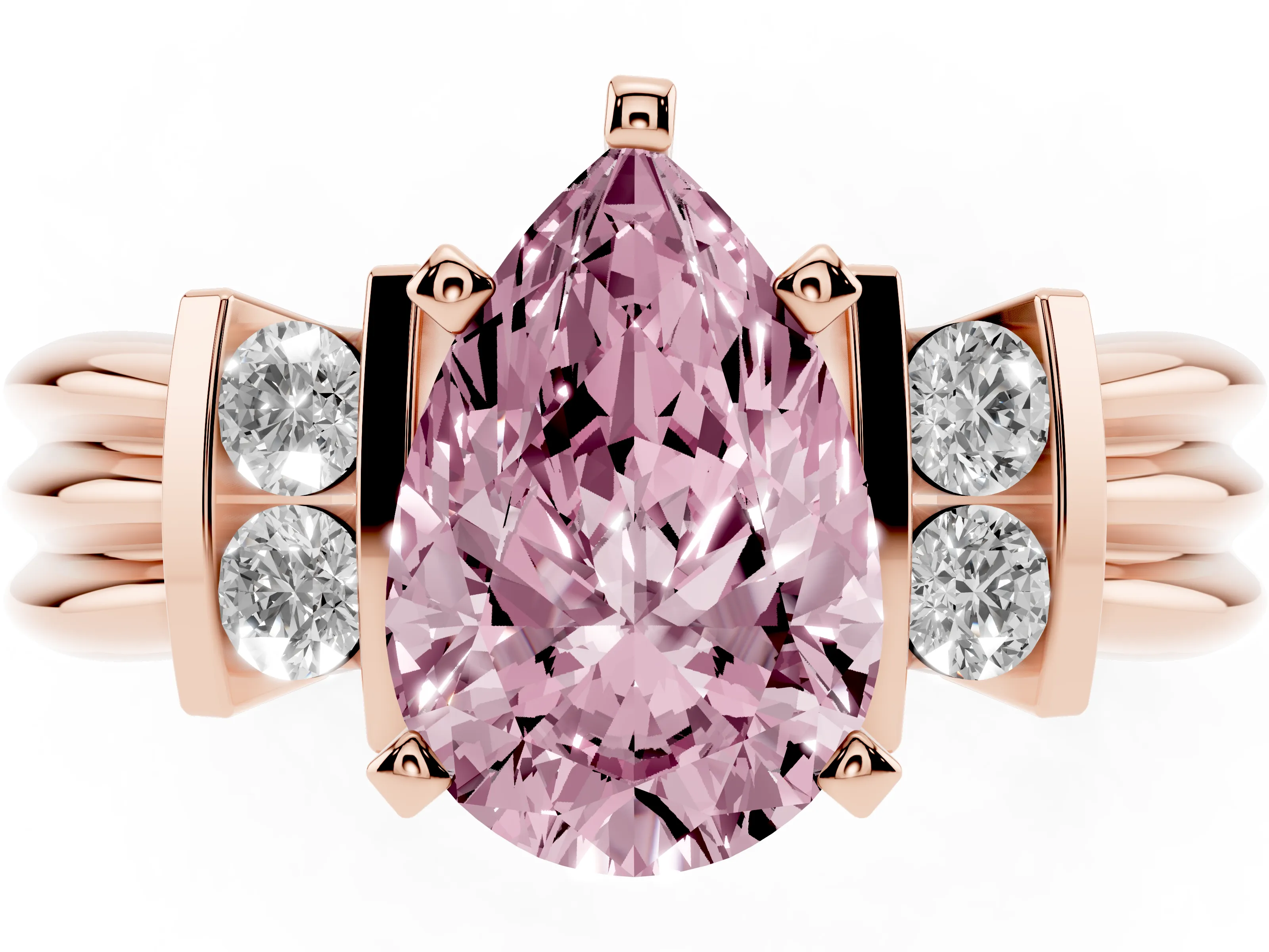 Fancy Pink Three-Stone Pear Cut Diamond Channel Set Ring Set in Rose gold with Bar Prongs
