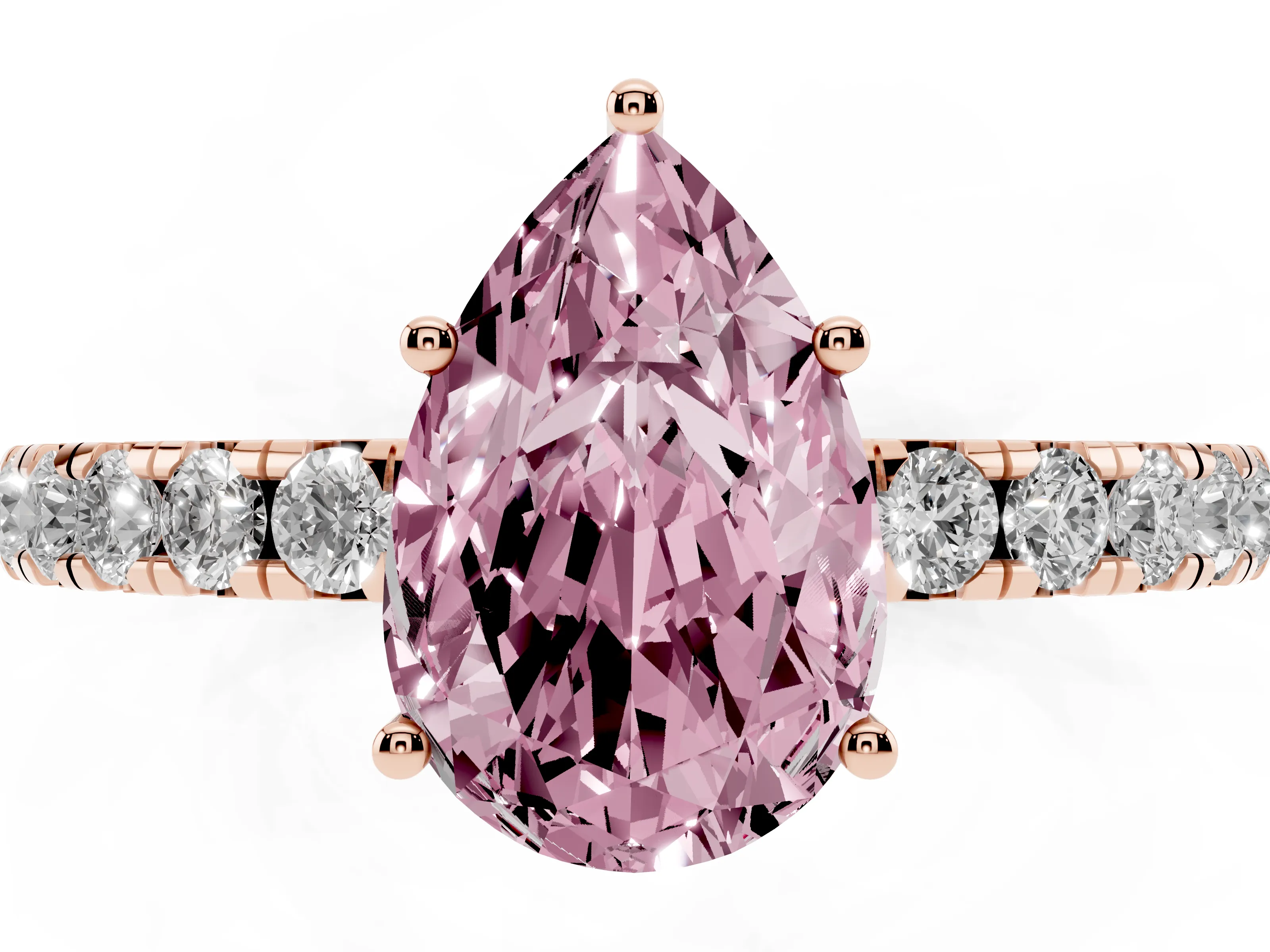 Fancy Pink Pear Cut Diamond Pavé Solitaire Engagement Ring Set in Rose gold with Prong Setting