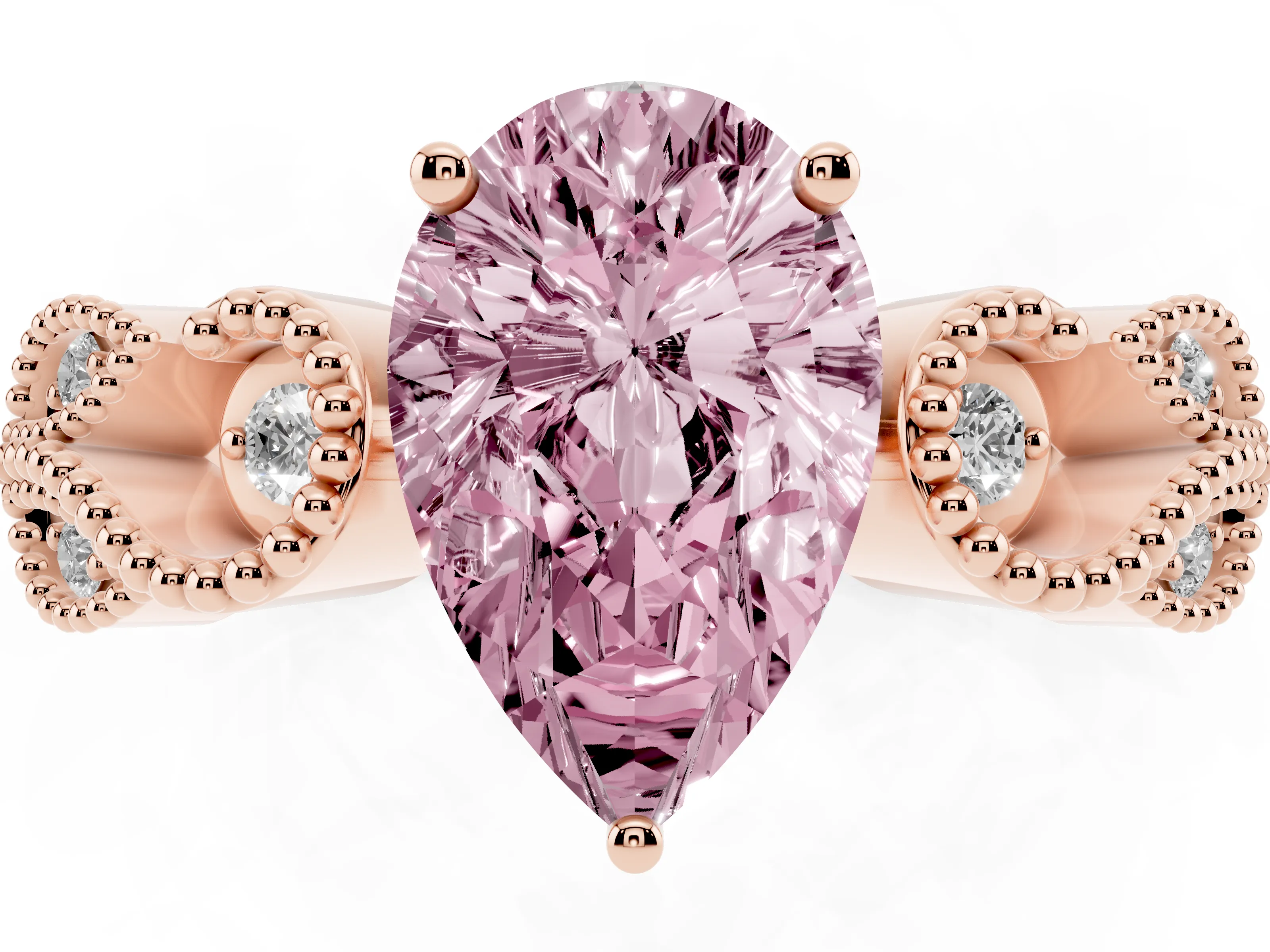 Fancy Pink Pear Cut Diamond Milgrain Leaf Band Solitaire Ring Set in Rose gold with Accent Stones and Prong Setting