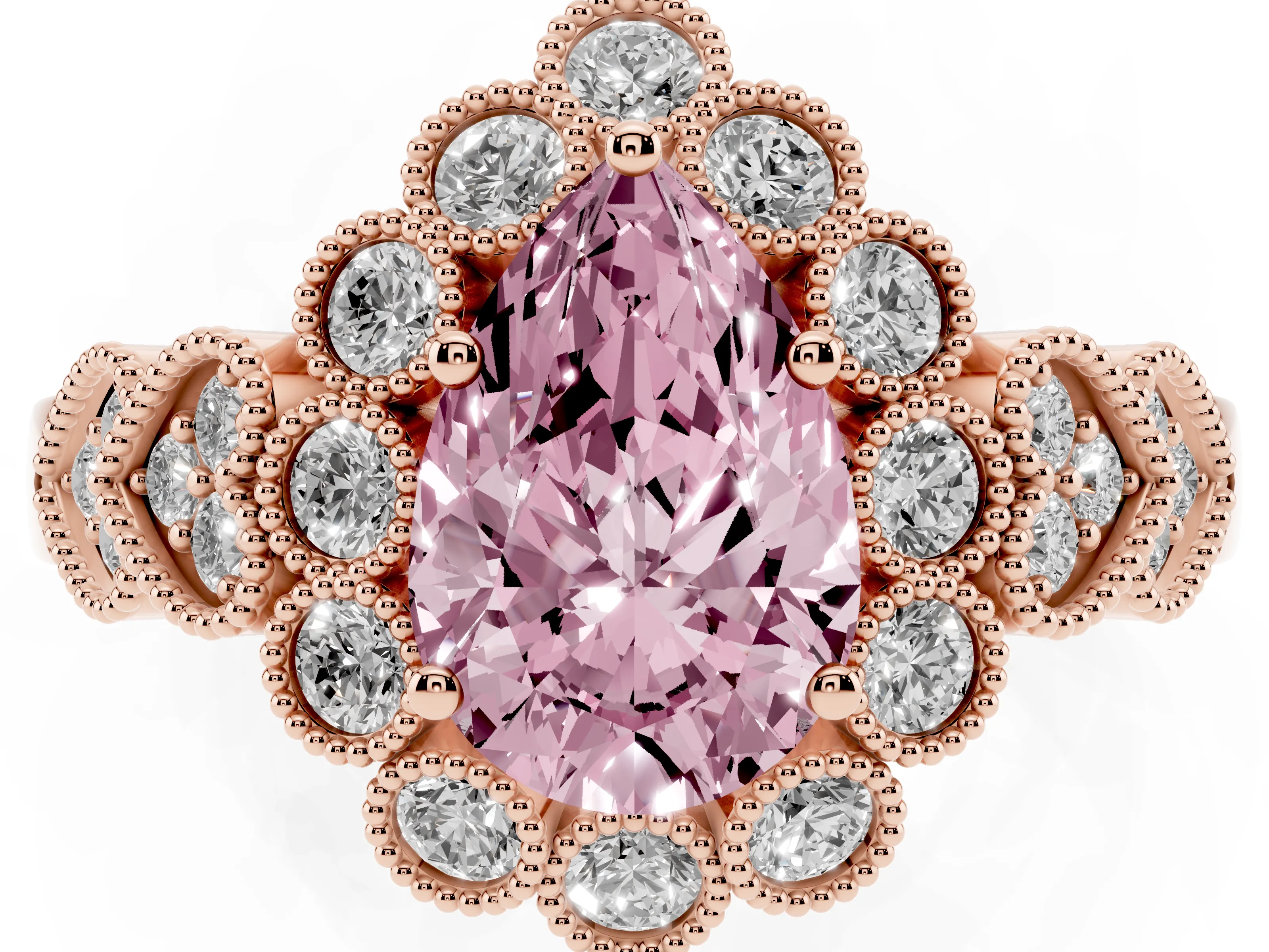 Fancy Pink Pear Cut Diamond Solitaire Ring Set in Rose gold with Milgrain Pavé Heart Band