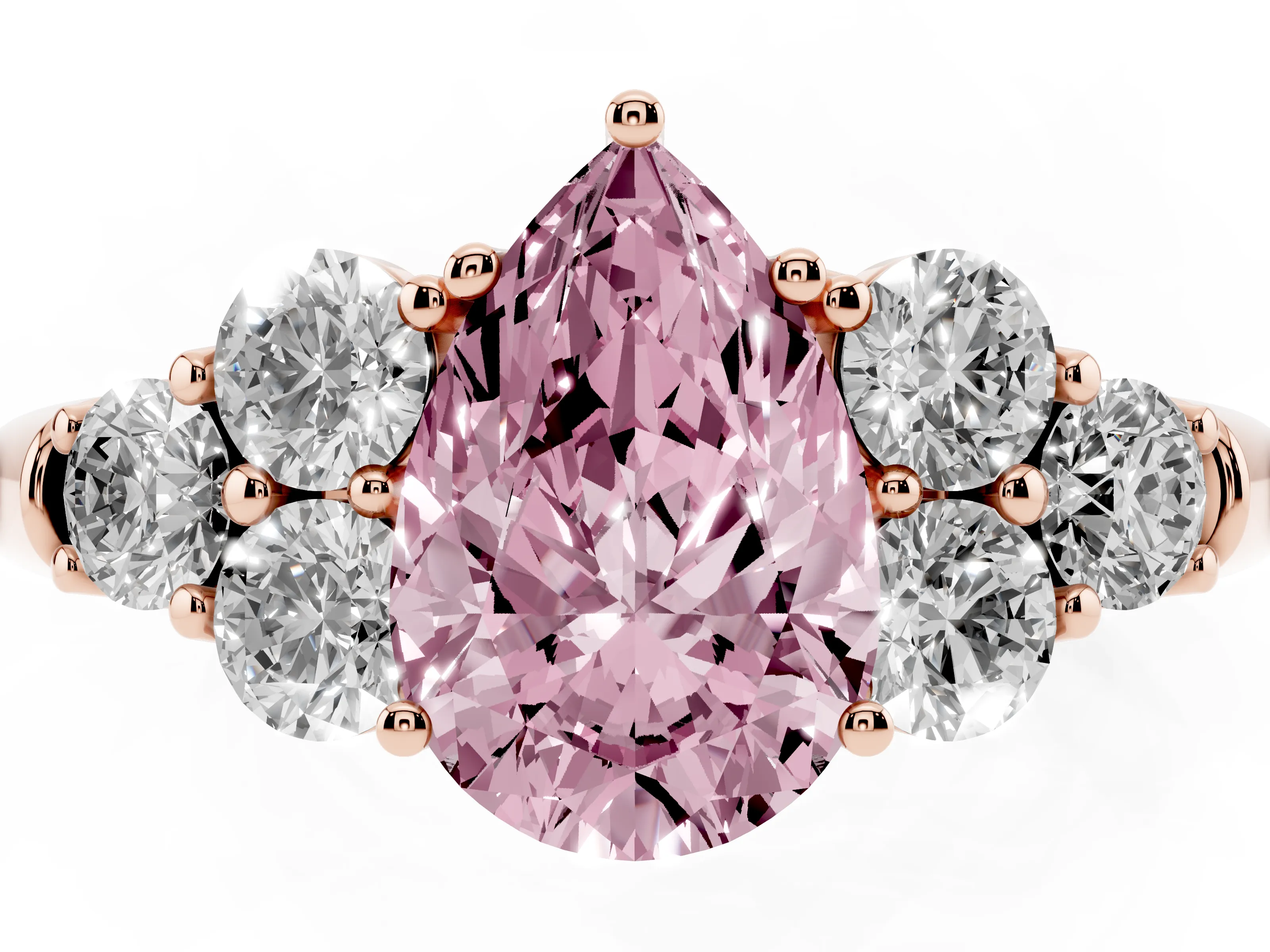 Fancy Pink Pear Cut Diamond Cluster Ring Set in Rose gold with Round Accent Stones and Prong Setting on a Plain Band