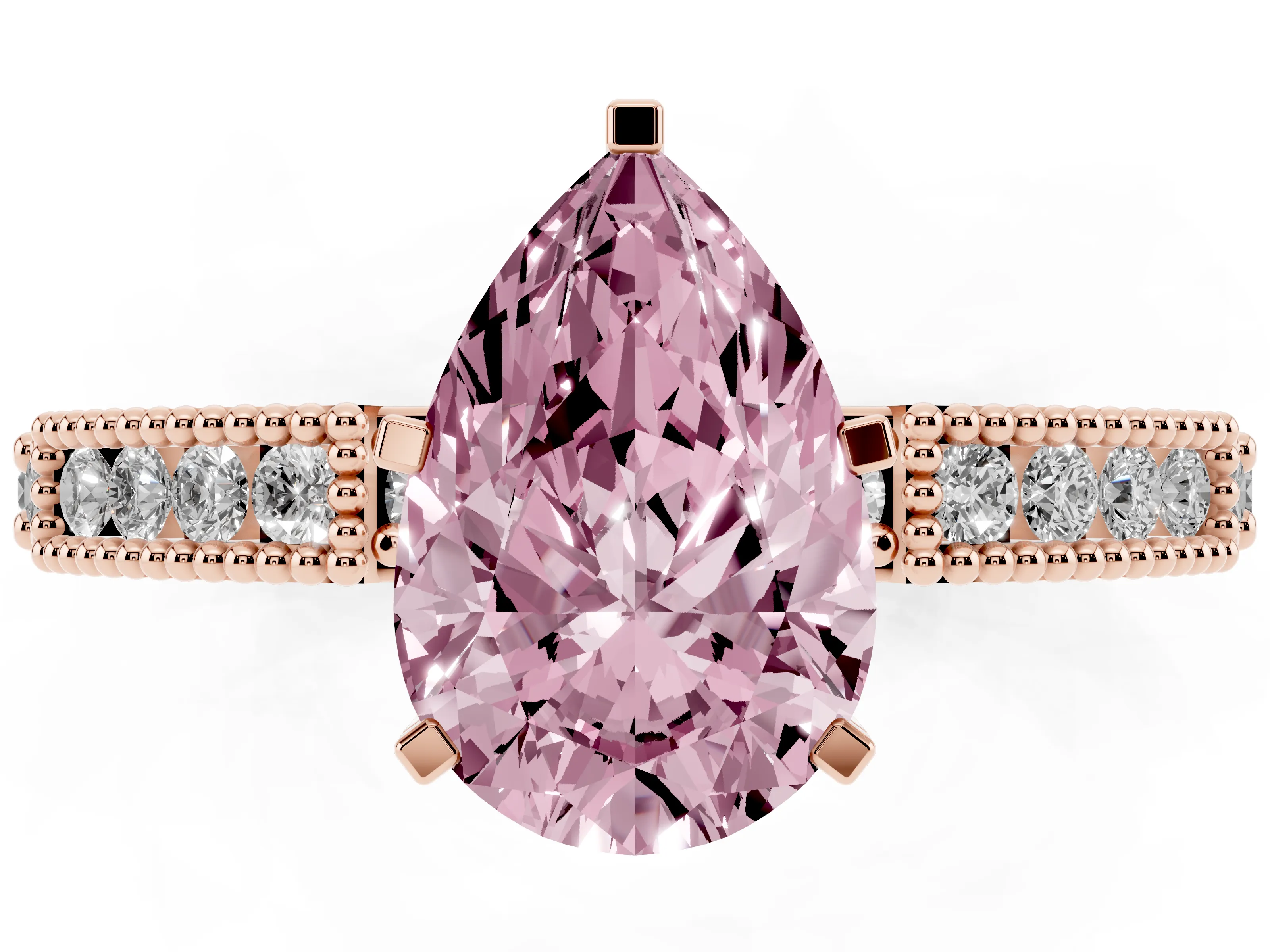 Fancy Pink Pear Cut Diamond Solitaire Ring Set in Rose gold with Slim Pavé Band and Prong Setting