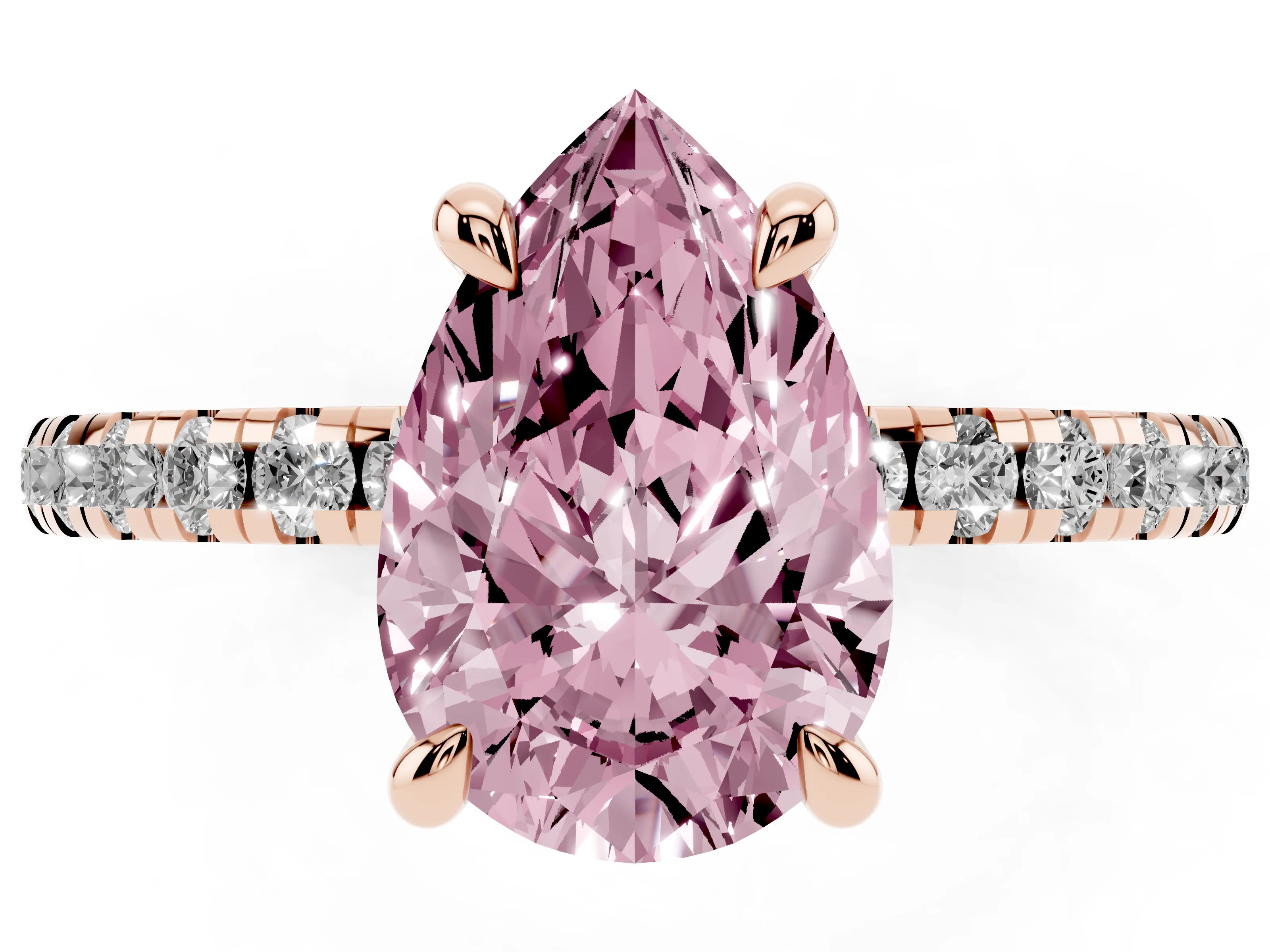 Fancy Pink Pear Cut Diamond Brilliant Solitaire Ring Set in Rose gold with Pavé Band and Prong Setting