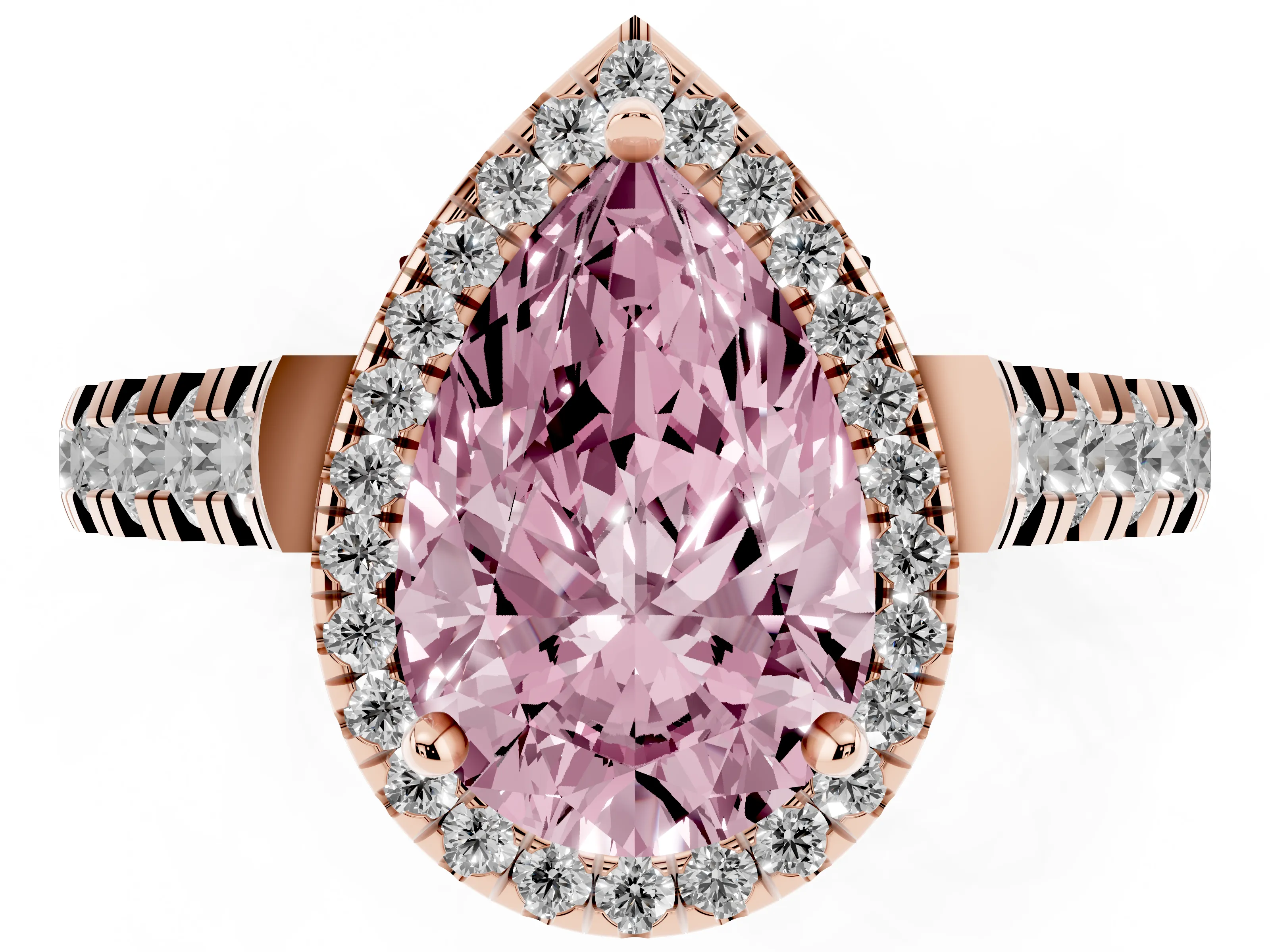 Fancy Pink Pear Cut Diamond Halo Engagement Ring Set in Rose gold with Pavé Band and Prong-Set Center