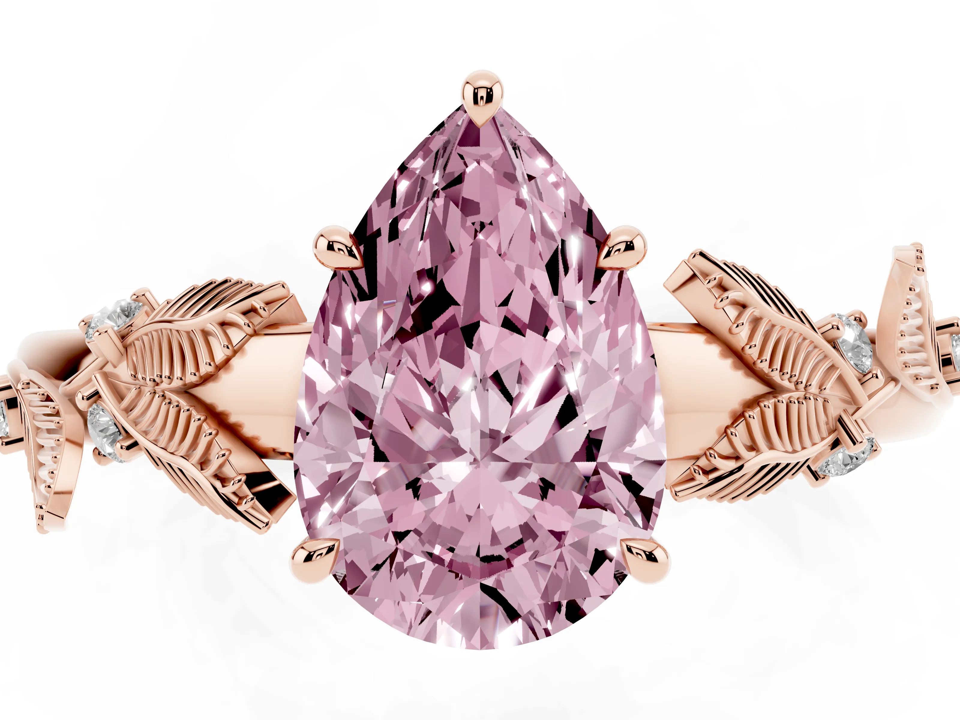 Fancy Pink Pear Cut Diamond Solitaire Ring Set in Rose gold with Leaf Motif Band