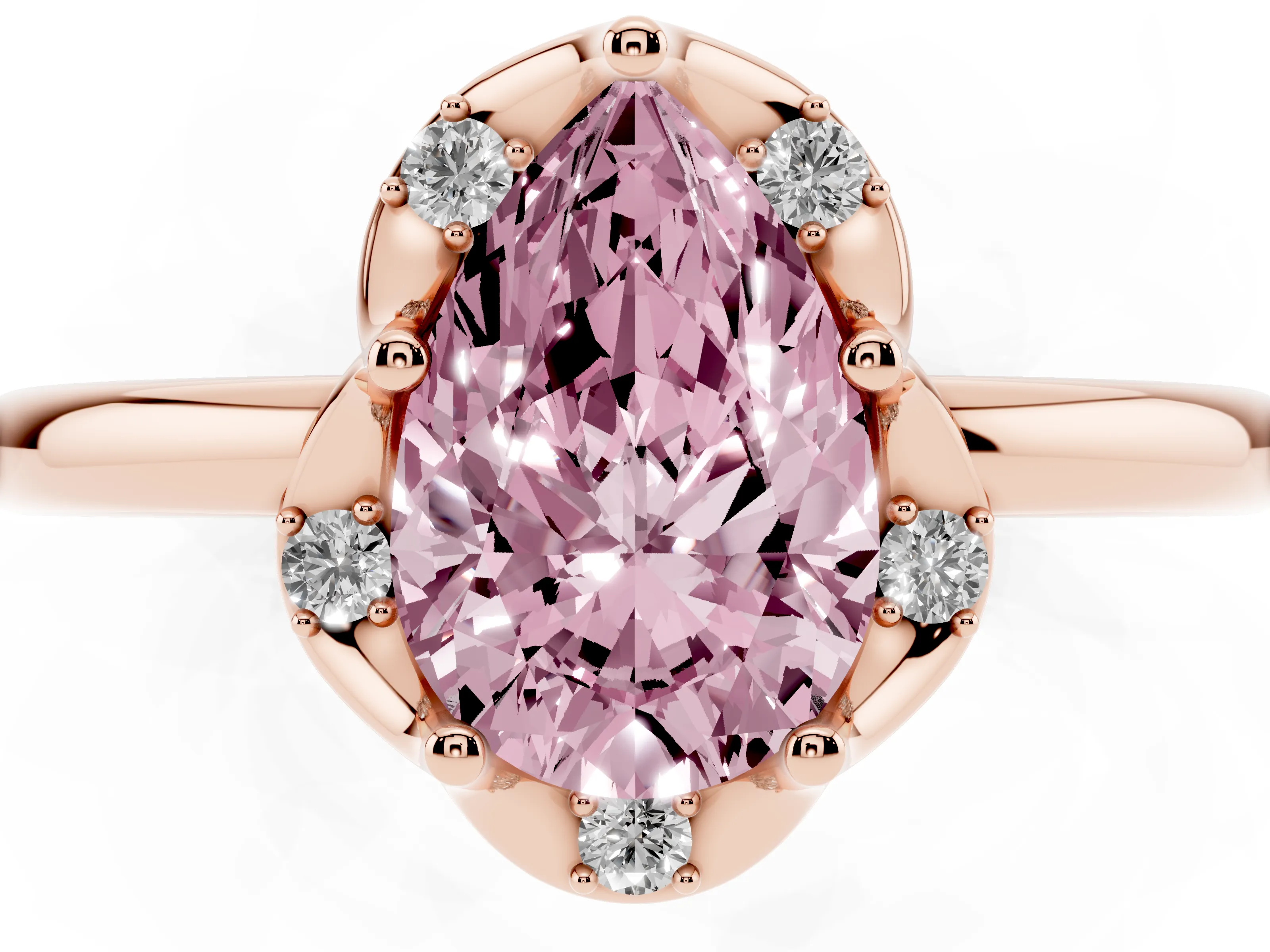 Fancy Pink Pear Cut Diamond Round Cluster Halo Ring Set in Rose gold with Solitaire Band and Prong Setting