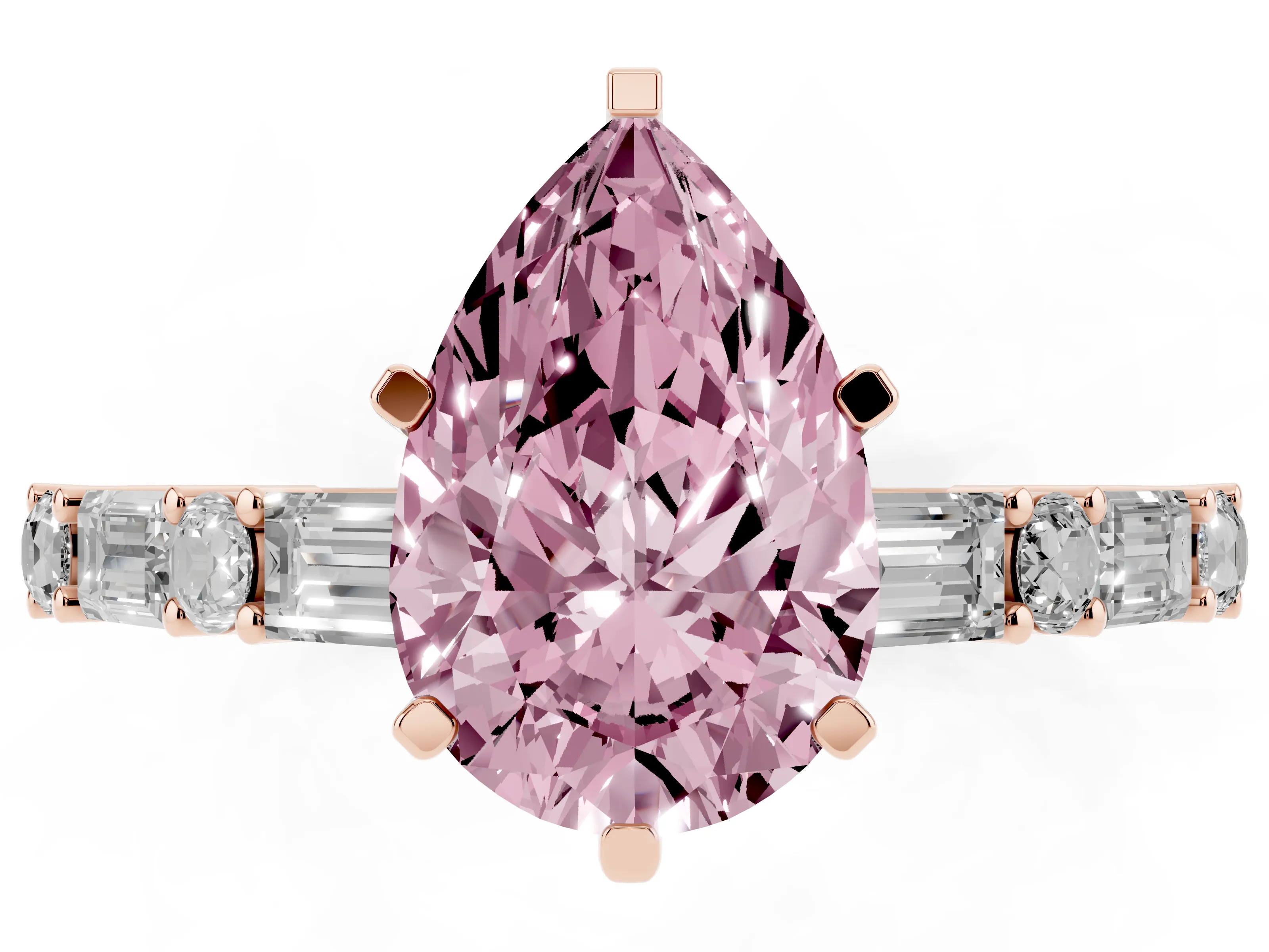 Fancy Pink Pear Cut Diamond Solitaire Set in Rose gold with Side Baguettes and Channel Set Band