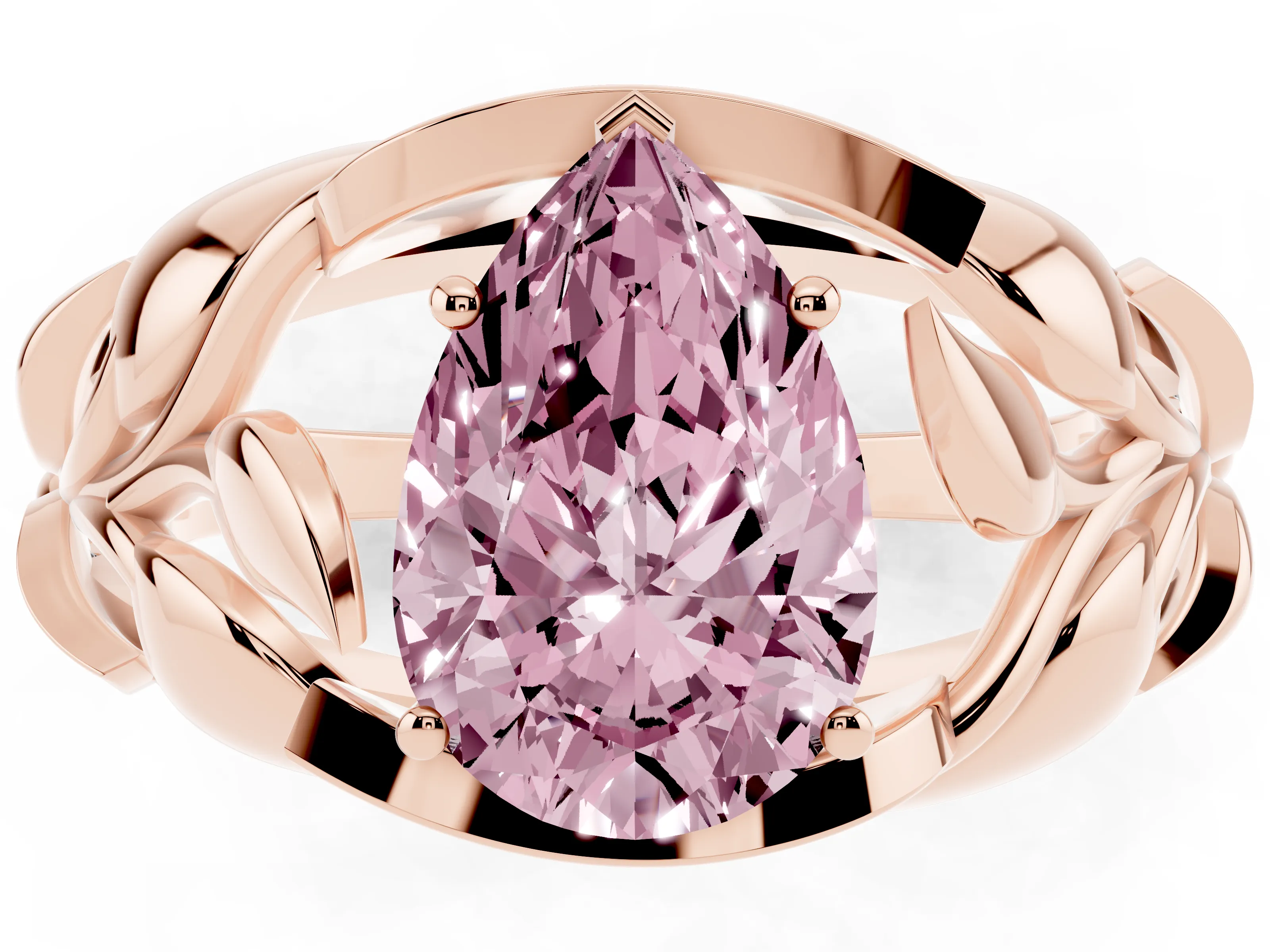 Fancy Pink Pear Cut Diamond Leaf-Inspired Engagement Ring Set in Rose gold with Round Accents