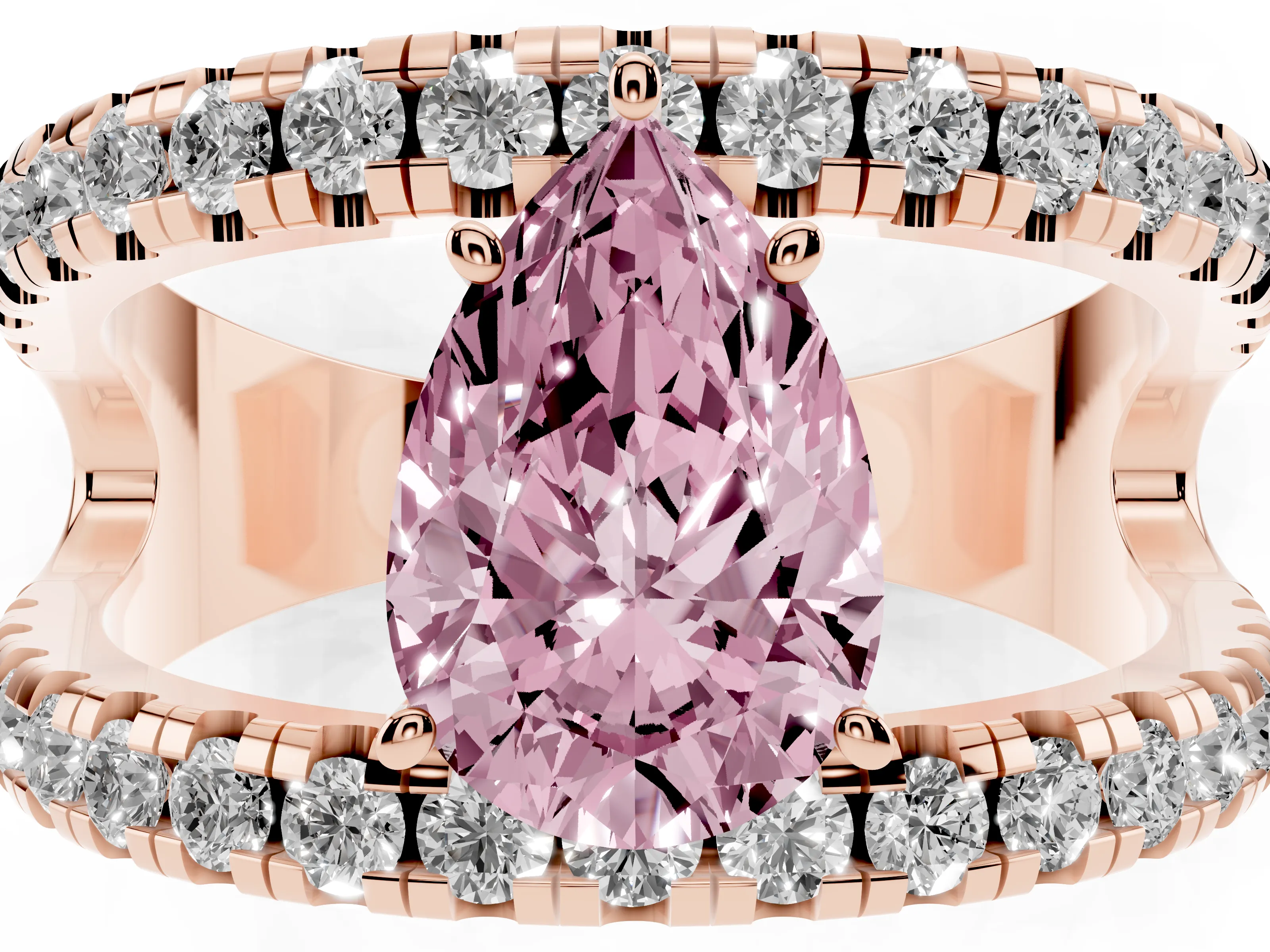 Fancy Pink Pear Cut Diamond Split Shank Pavé Solitaire Ring Set in Rose gold with Open Shank Design