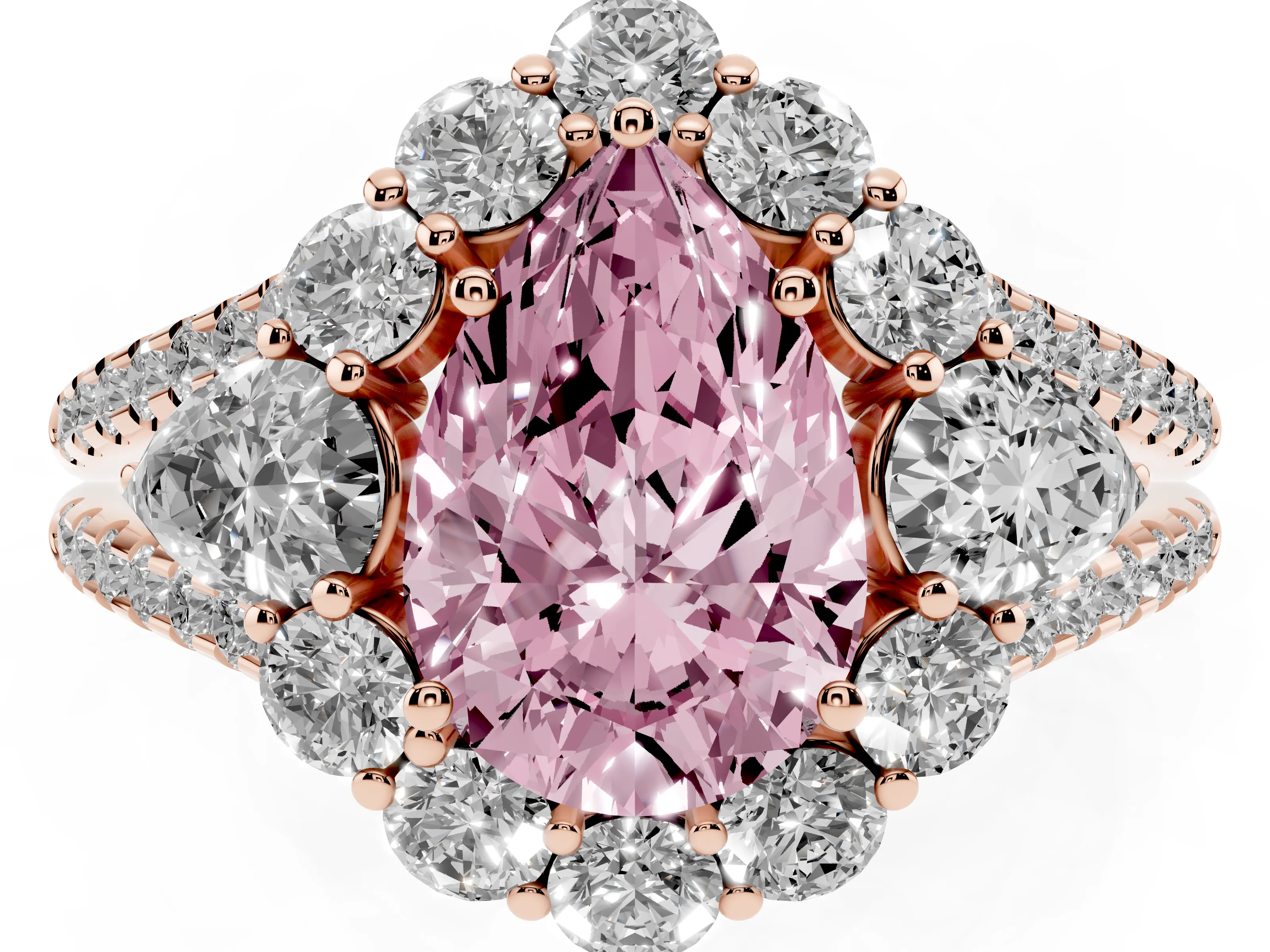 Fancy Pink Pear Cut Diamond Halo Split Shank Engagement Ring Set in Rose gold with Prong-Held Center Stone