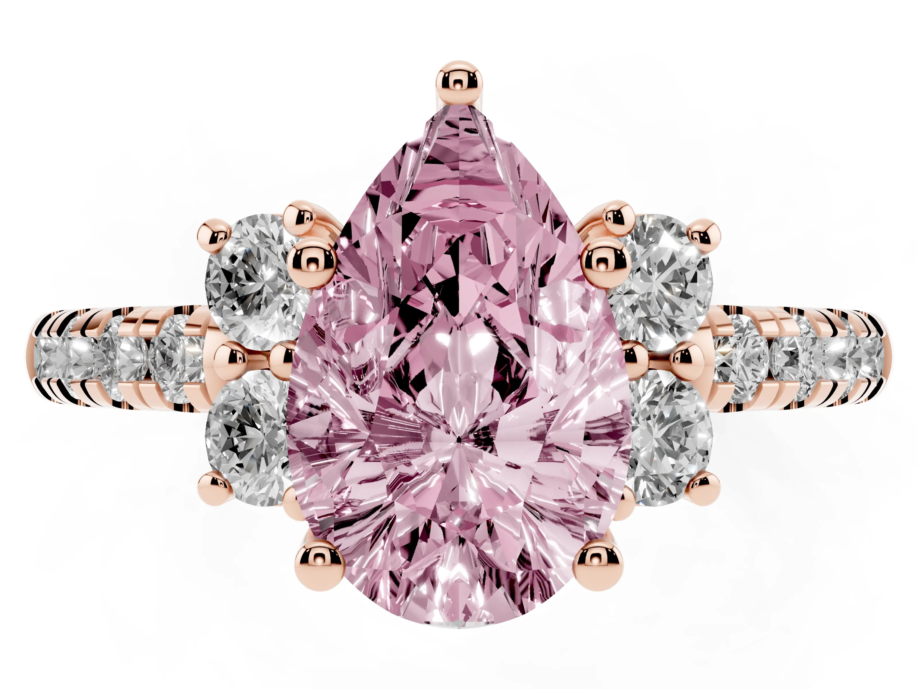 Fancy Pink Pear Cut Diamond Three-Stone Pavé Ring Set in Rose gold with Prong Setting