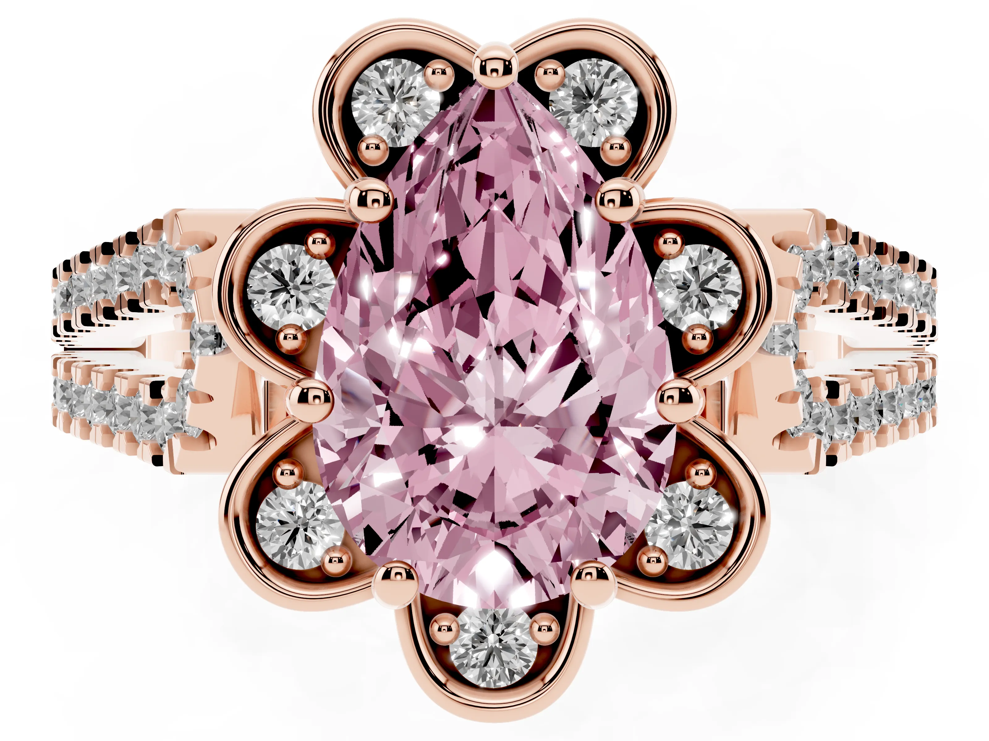 Fancy Pink Pear Cut Diamond Floral Halo Split Shank Engagement Ring Set in Rose gold with Pavé Shank