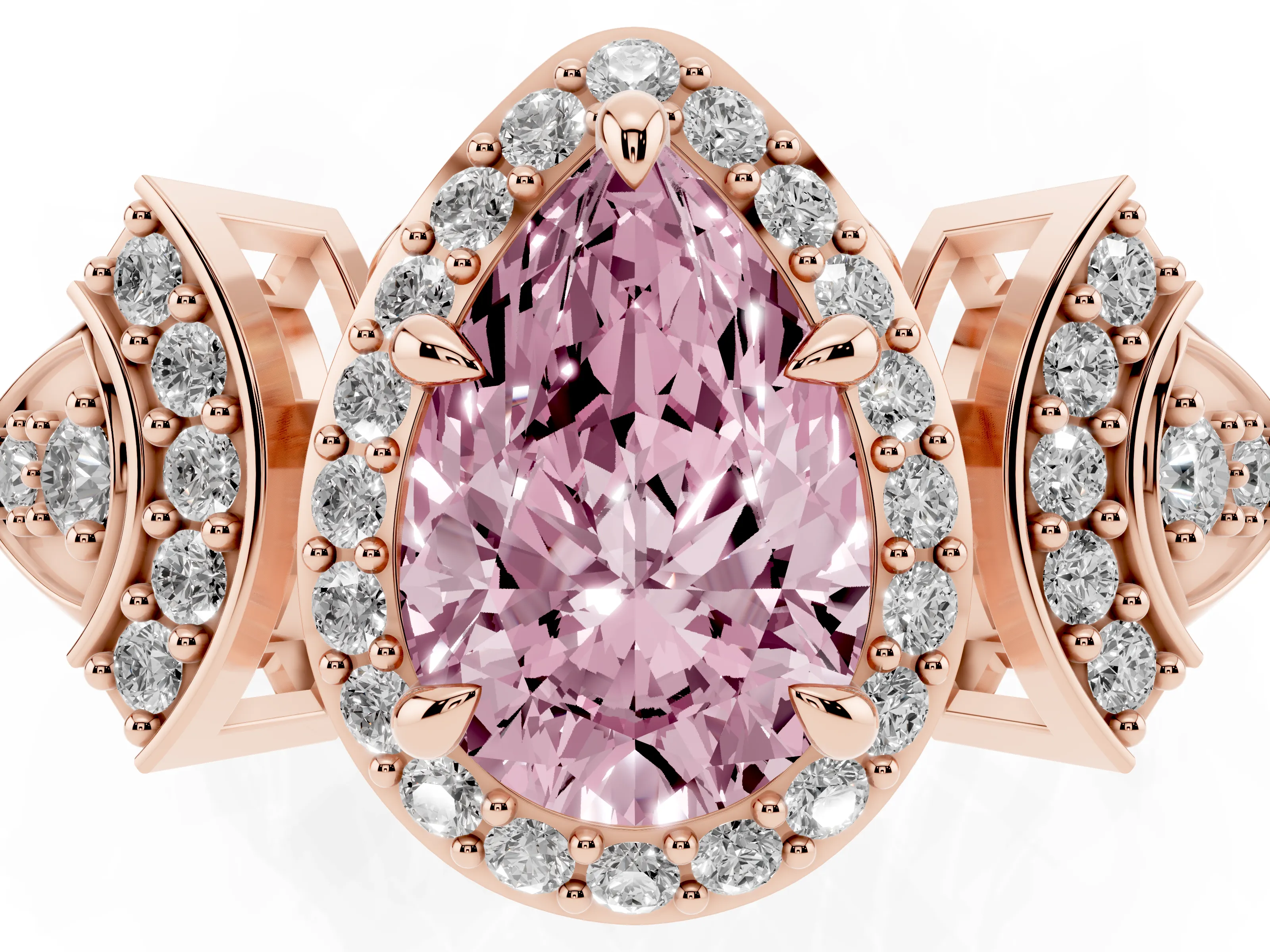 Fancy Pink Pear Cut Diamond Halo Engagement Ring Set in Rose gold with Accent Stone Split Shank