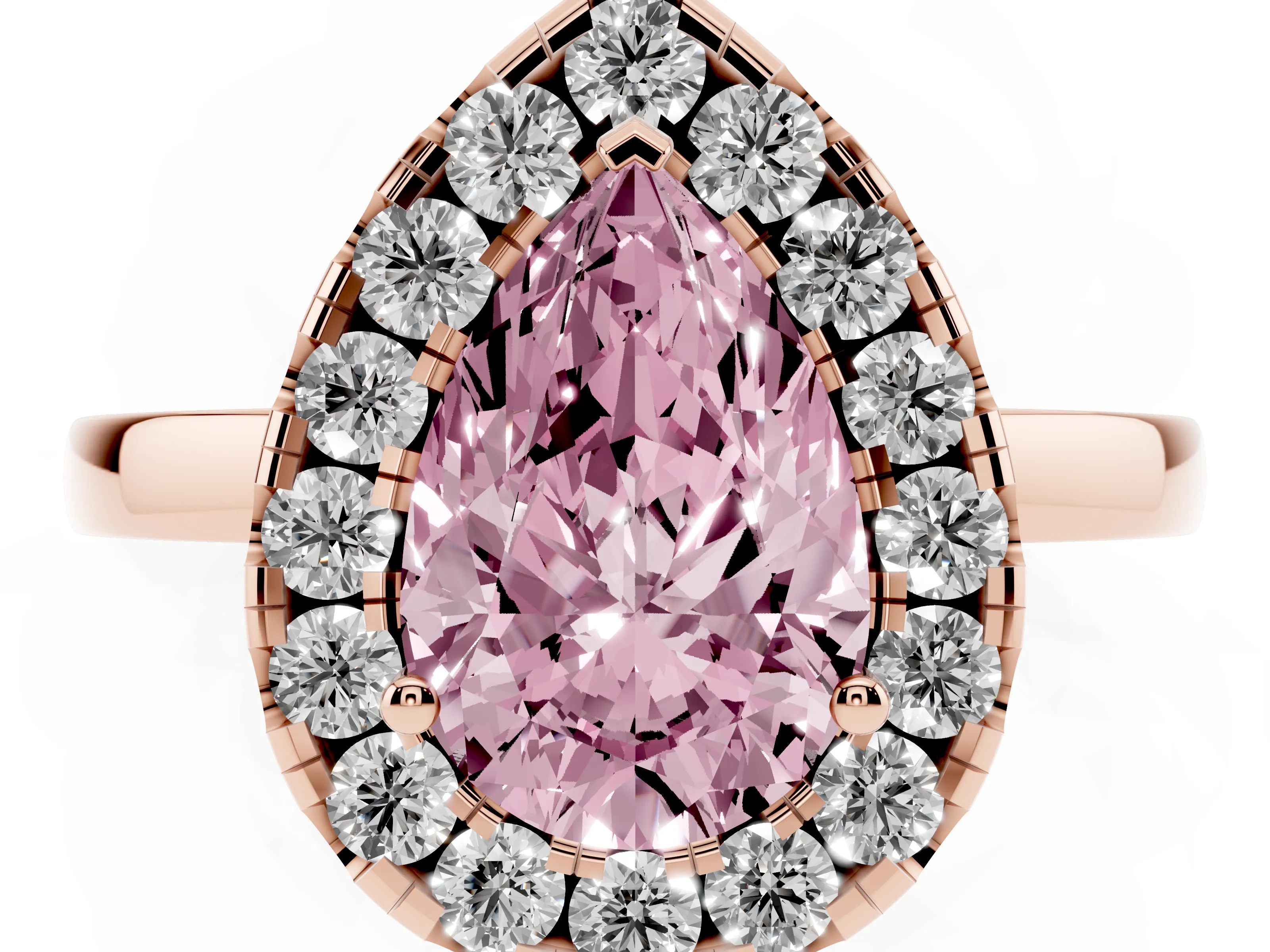 Fancy Pink Pear Cut Diamond Halo Solitaire Ring Set in Rose gold with Pavé Band and Prong Setting