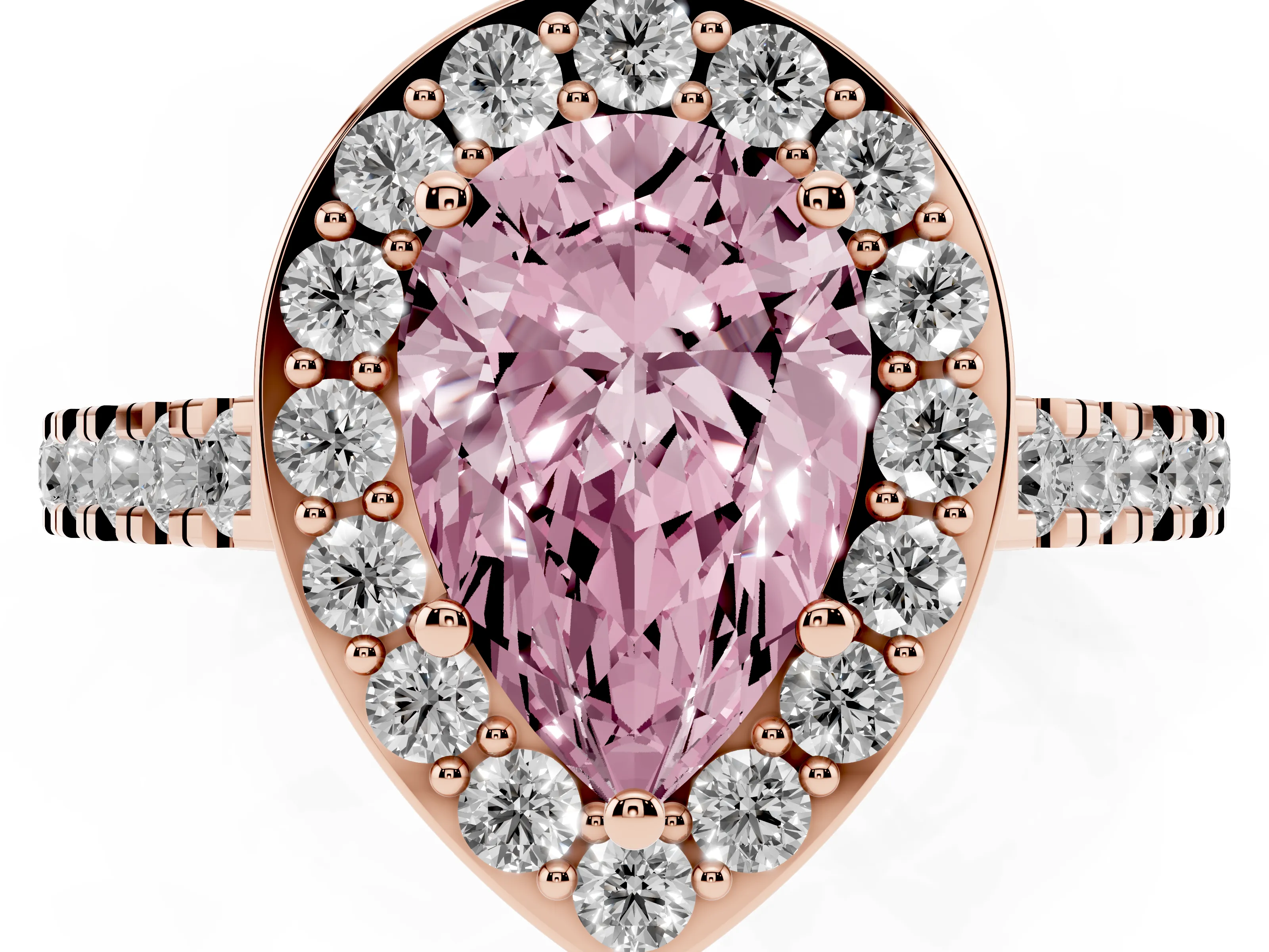 Fancy Pink Pear Cut Diamond Halo Ring Set in Rose gold with Round Pavé Split Shank and Prong Setting