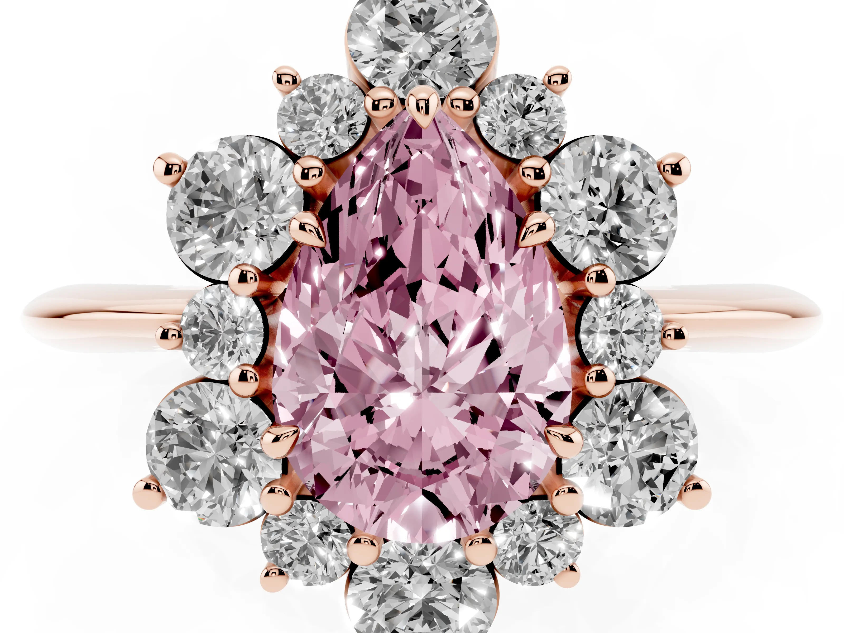 Fancy Pink Pear Cut Diamond Cluster Halo Ring Set in Rose gold with Solitaire Band and Prong Setting