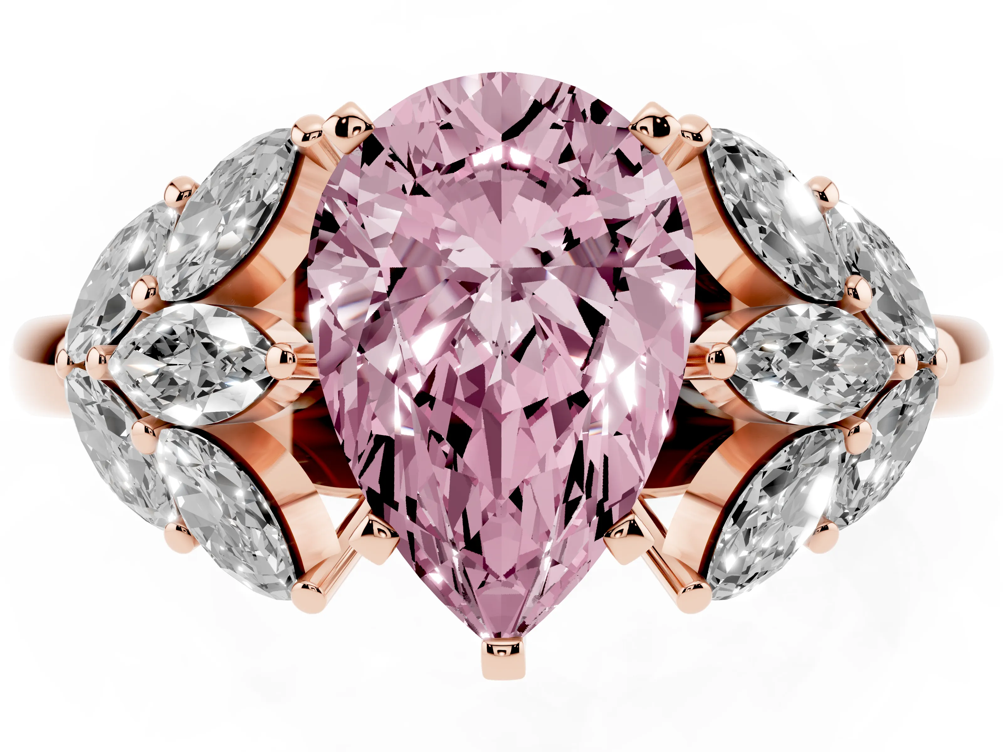 Fancy Pink Pear Cut Diamond Cluster Leaf Design Ring Set in Rose gold with Prong Setting