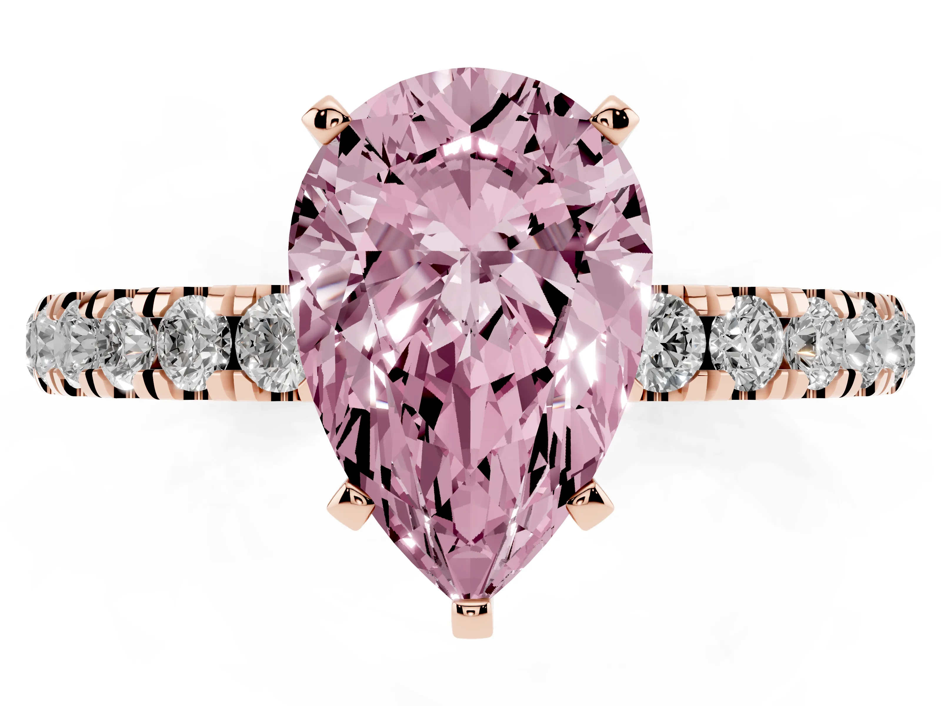 Fancy Pink Pear Cut Diamond Solitaire Ring Set in Rose gold with Pavé Accents and Prong Setting