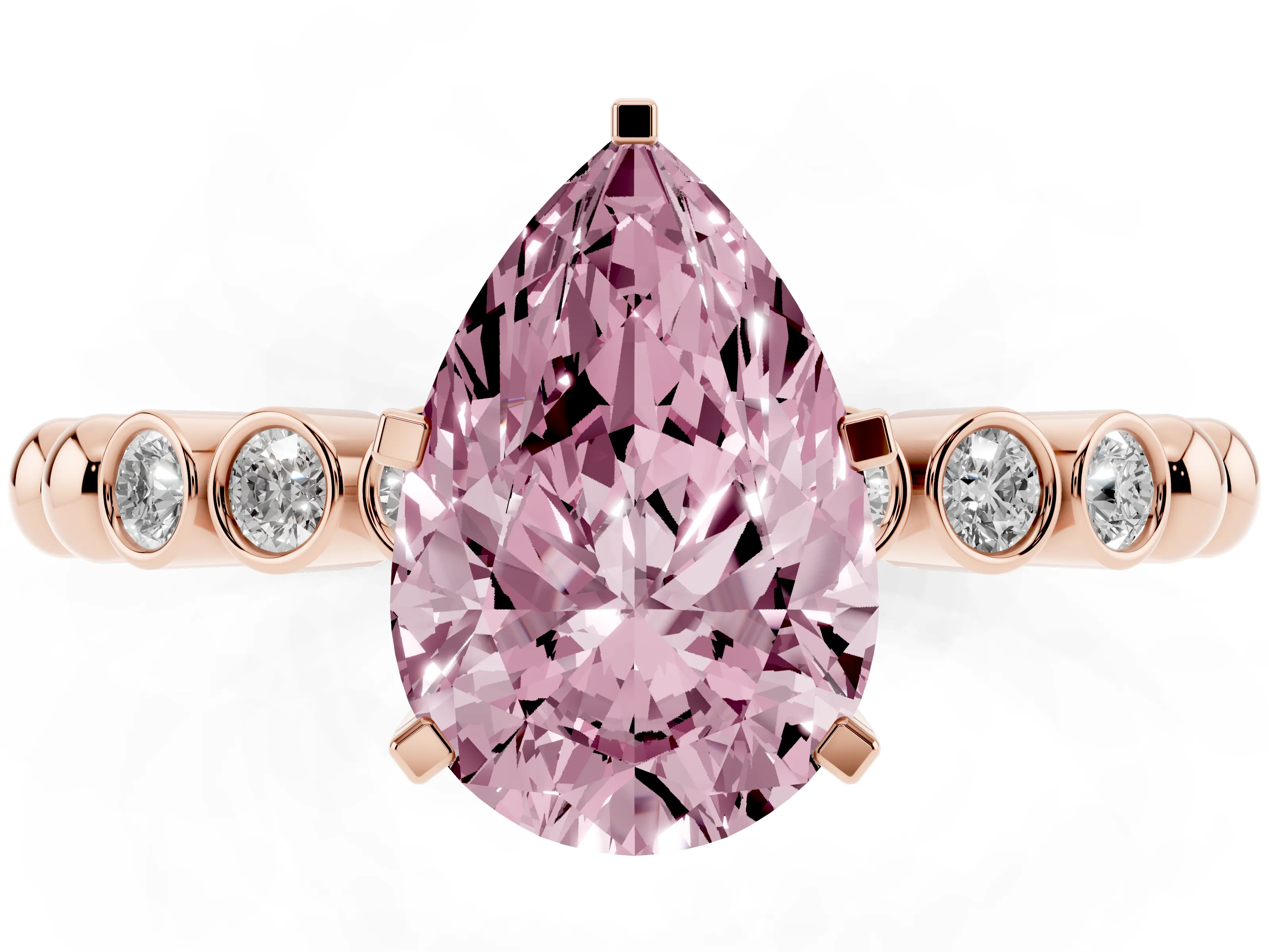 Fancy Pink Pear Cut Diamond Solitaire Engagement Ring Set in Rose gold with Bezel Accents on Beaded Band