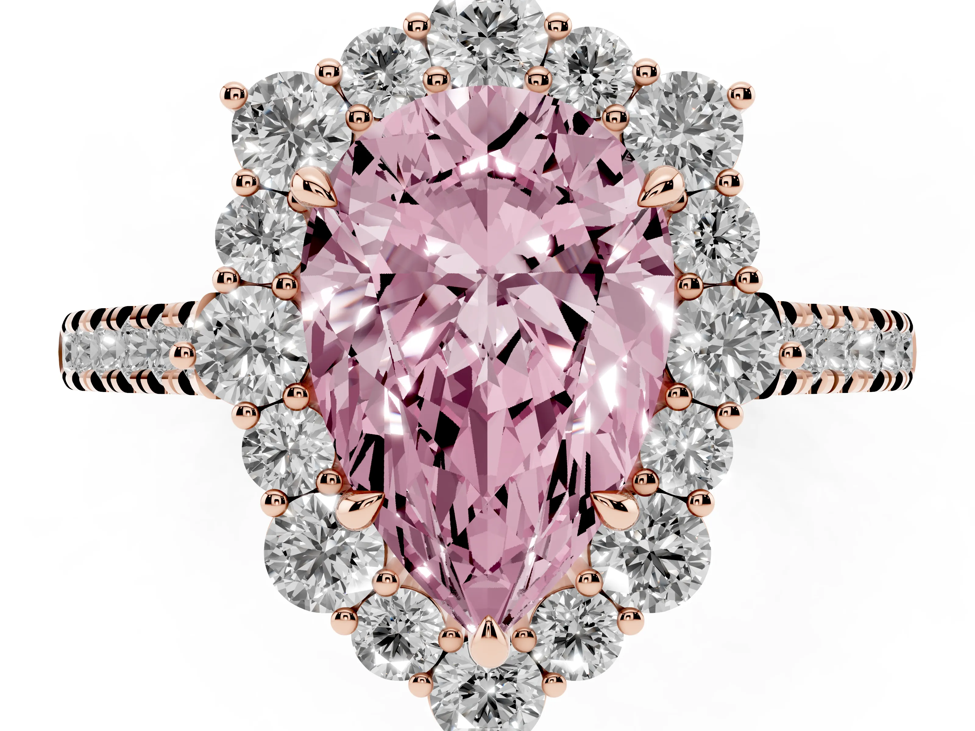 Fancy Pink Pear Cut Diamond Halo Ring Set in Rose gold with Pavé Band and Prong Setting