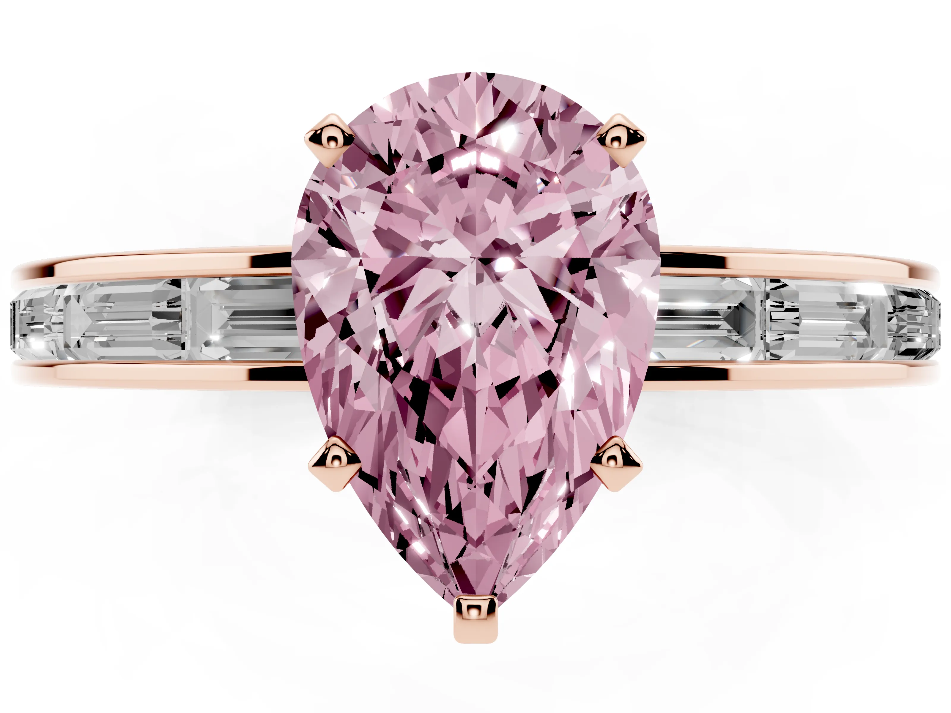 Fancy Pink Pear Cut Diamond Solitaire Ring Set in Rose gold with Channel-Set Baguette Band and Prong Setting