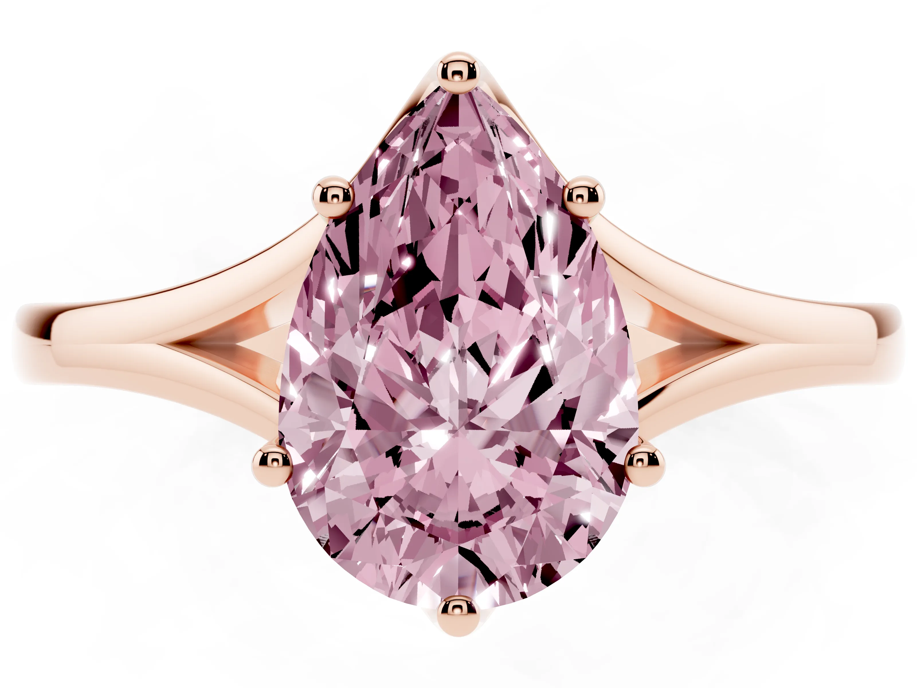 Fancy Pink Pear Cut Diamond Solitaire Ring Set in Rose gold with Polished Tapered Band and Prong Setting