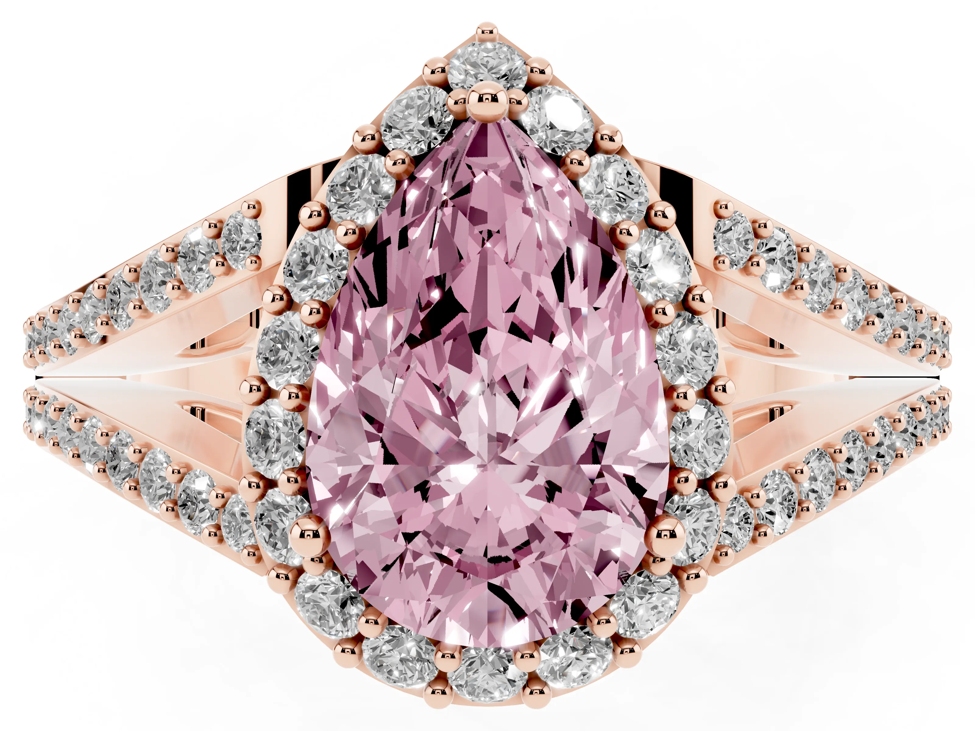 Fancy Pink Pear Cut Diamond Halo Split Shank Pavé Ring Set in Rose gold with Prong Setting