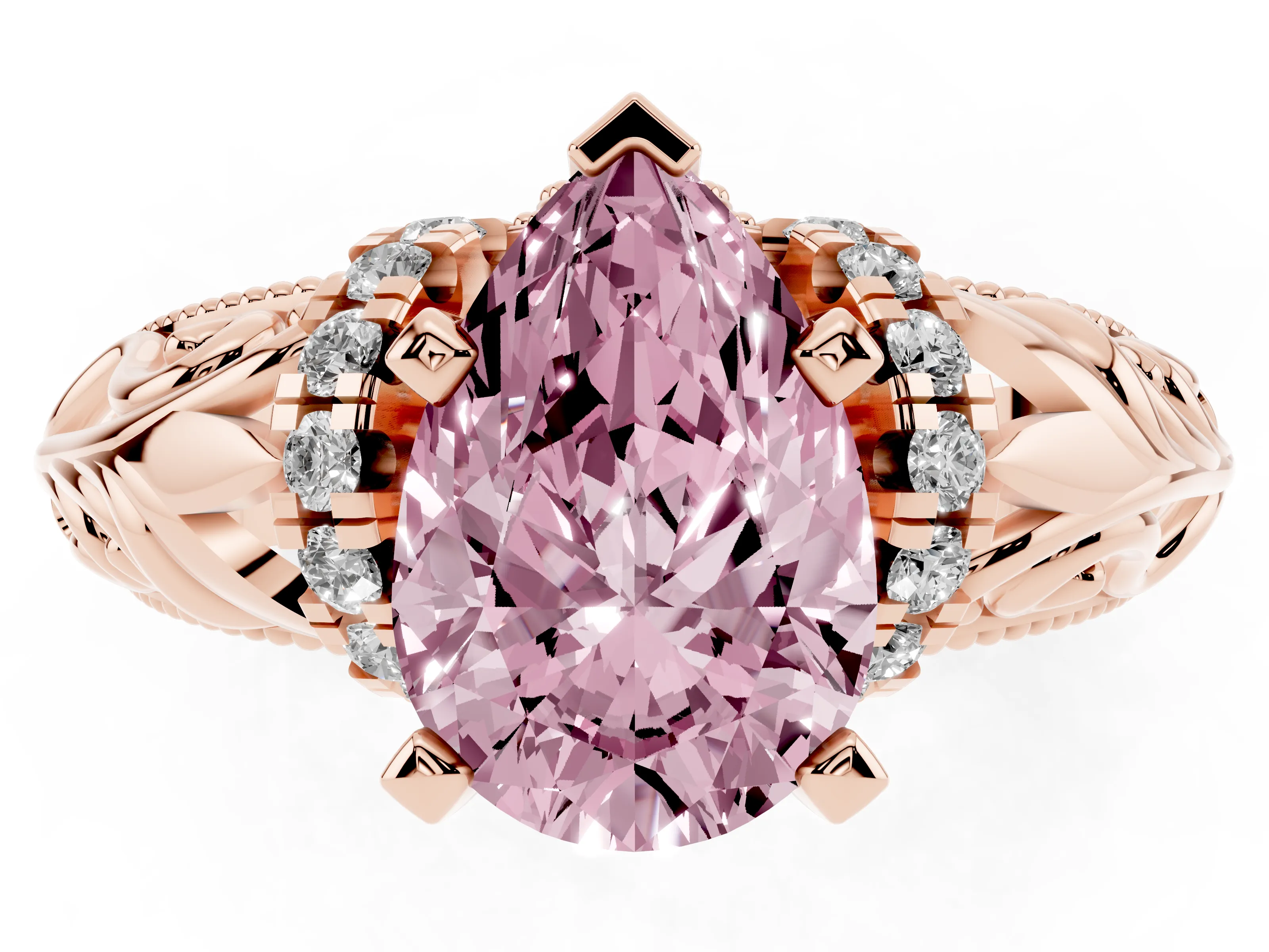 Fancy Pink Pear Cut Diamond Filigree Halo Engagement Ring Set in Rose gold with Prong Setting