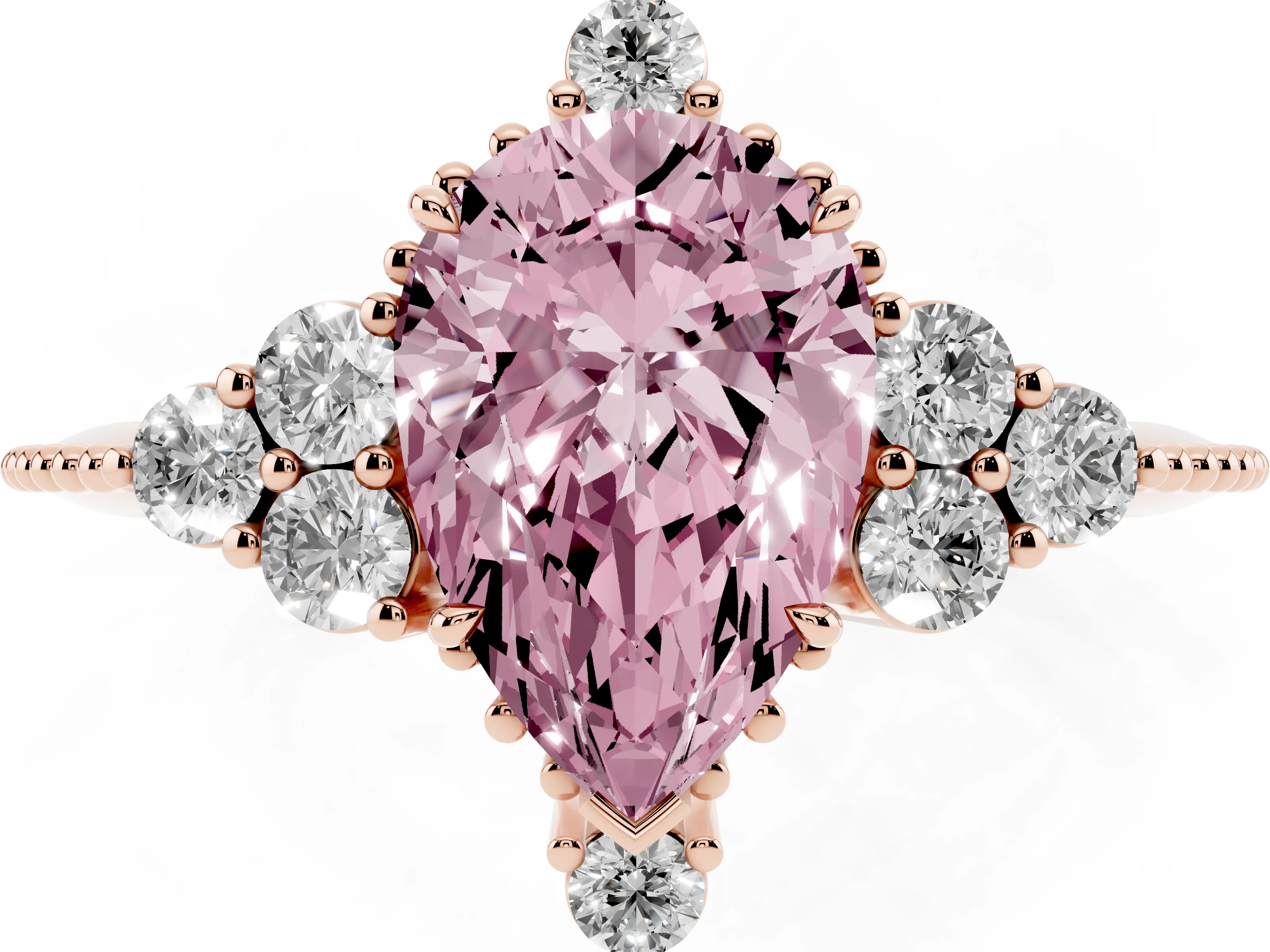 Fancy Pink Pear Cut Diamond Cluster Ring Set in Rose gold with Beaded Band