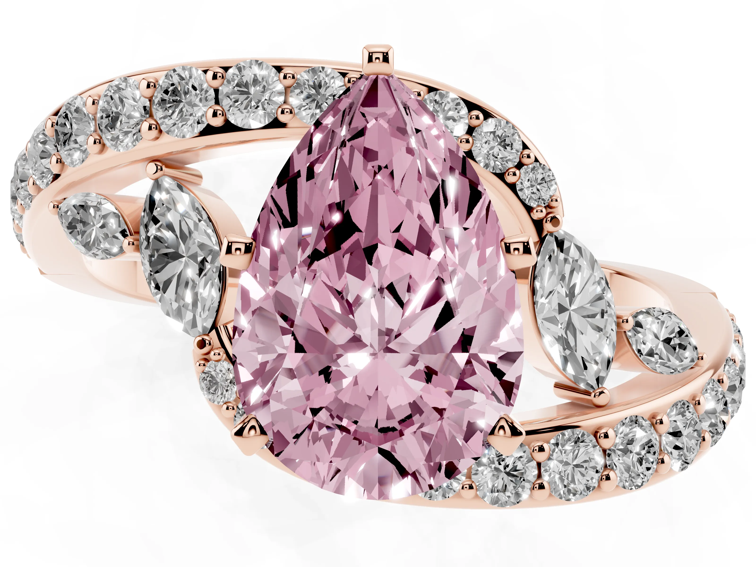 Fancy Pink Pear Cut Diamond Solitaire Ring Set in Rose gold with Pavé Twist Band and Secure Prong Setting