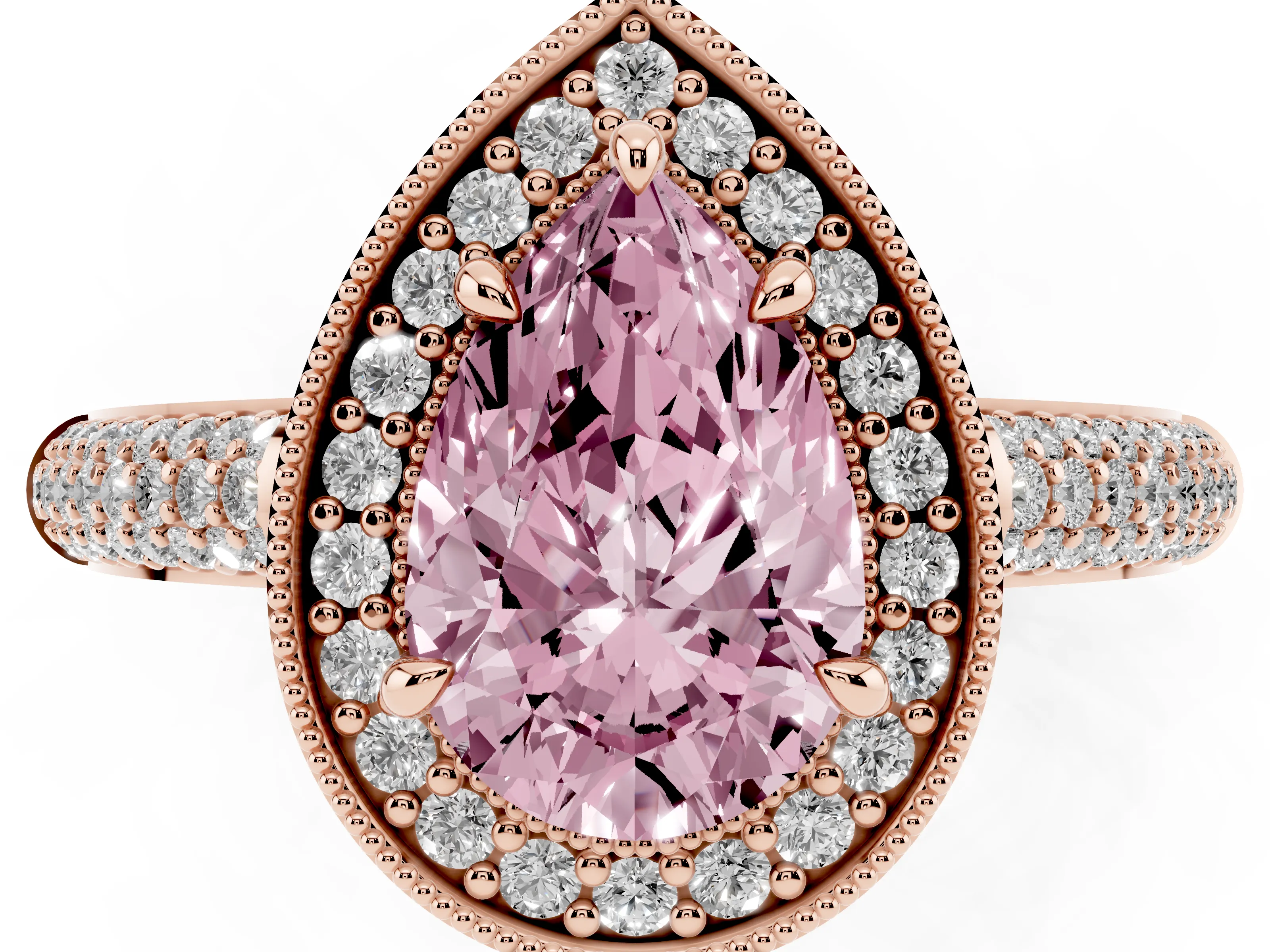 Fancy Pink Pear Cut Diamond Halo Pavé Band Set in Rose gold with Prong Setting