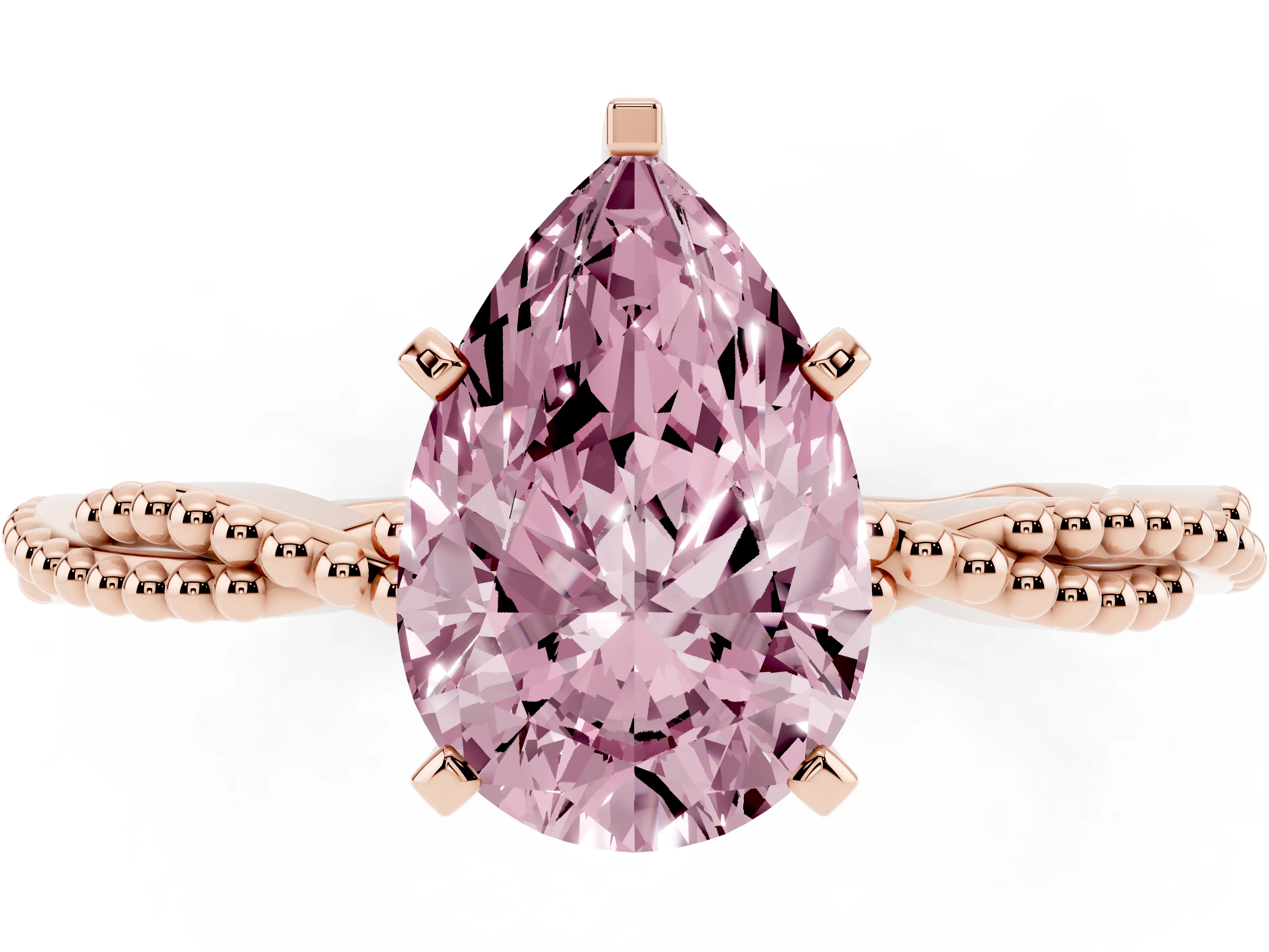 Fancy Pink Pear Cut Diamond Solitaire Ring Set in Rose gold with Twisted Band and Bead Prong Setting