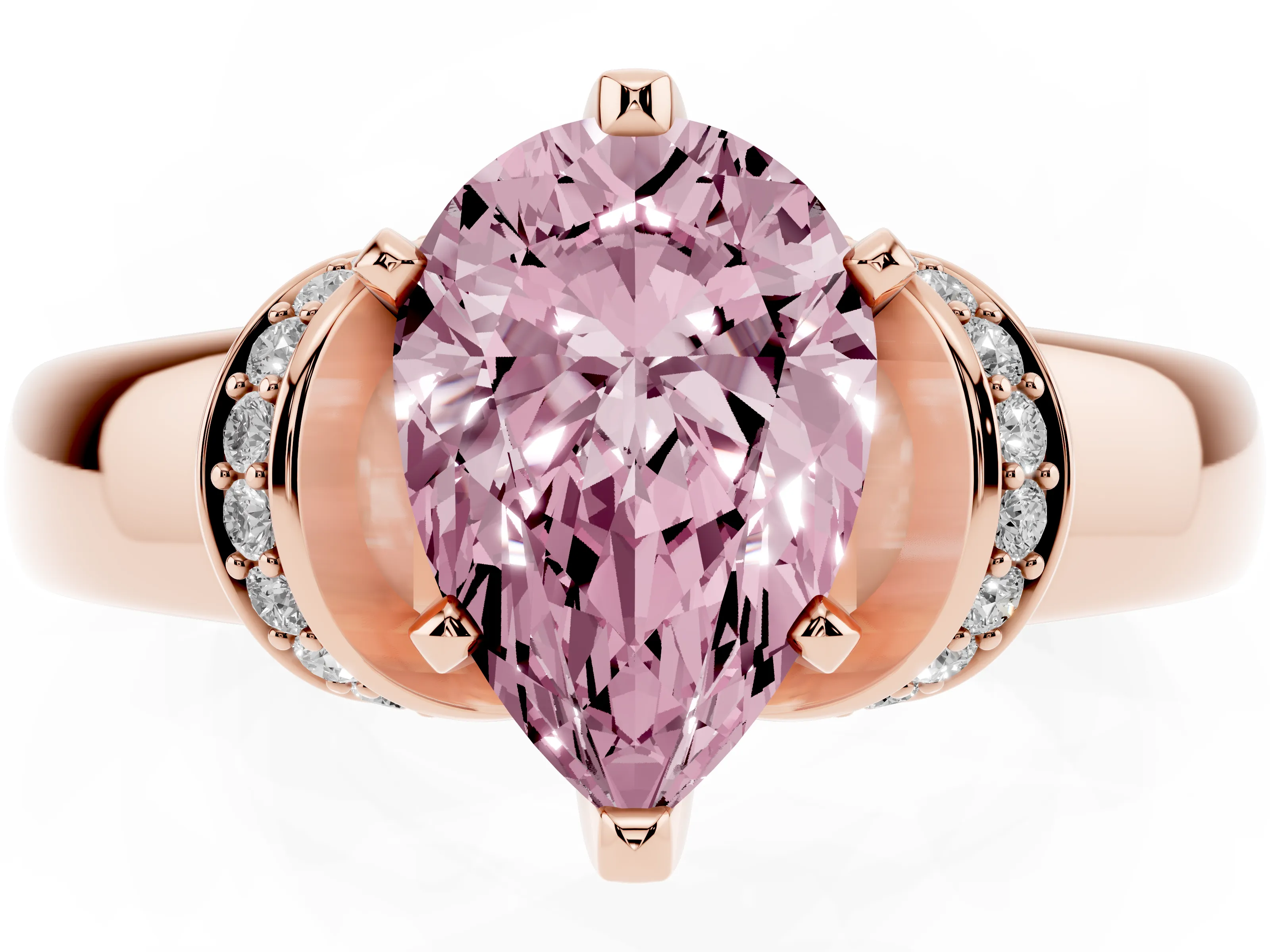 Fancy Pink Pear Cut Diamond Pavé Band Solitaire Ring Set in Rose gold with Prong Setting