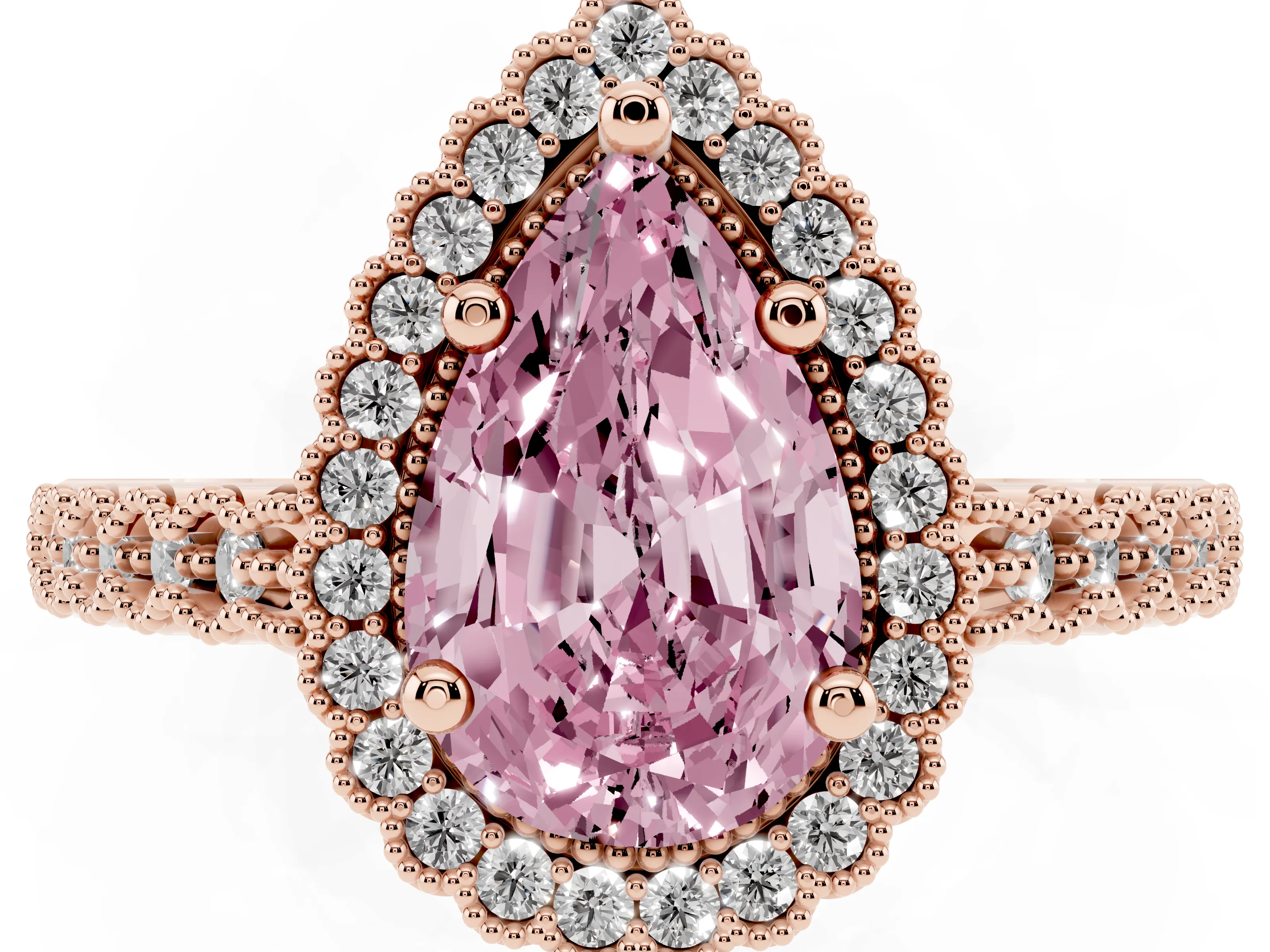 Fancy Pink Pear Cut Diamond Halo Ring Set in Rose gold with Pavé Milgrain Band