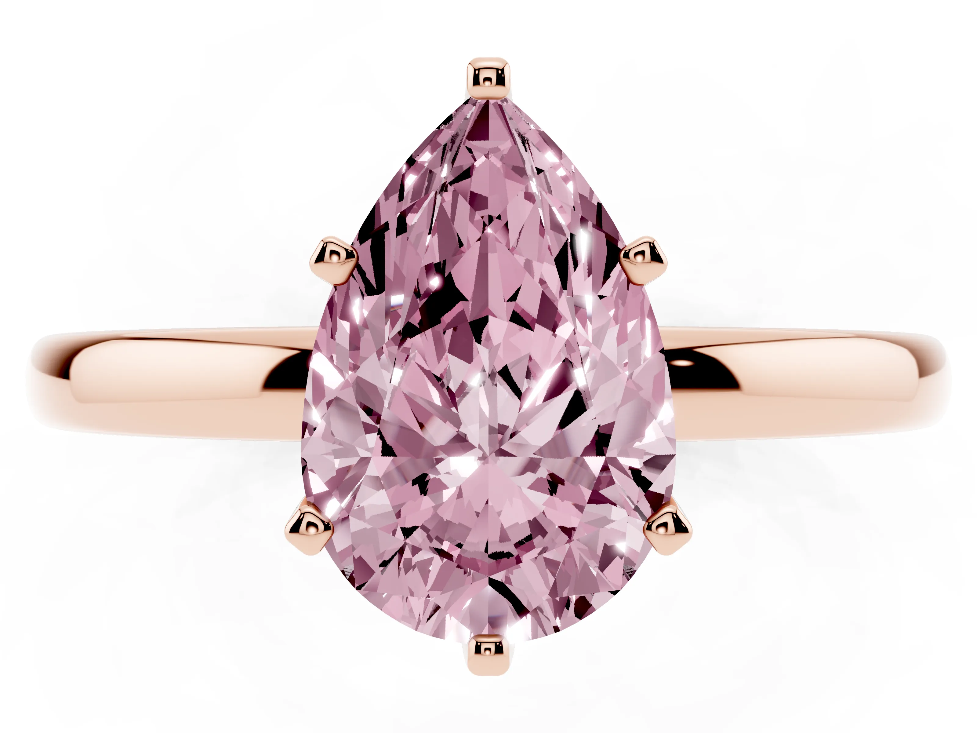 Fancy Pink Pear Cut Diamond Solitaire Ring Set in Rose gold with Raised Prong Setting on a Classic Band