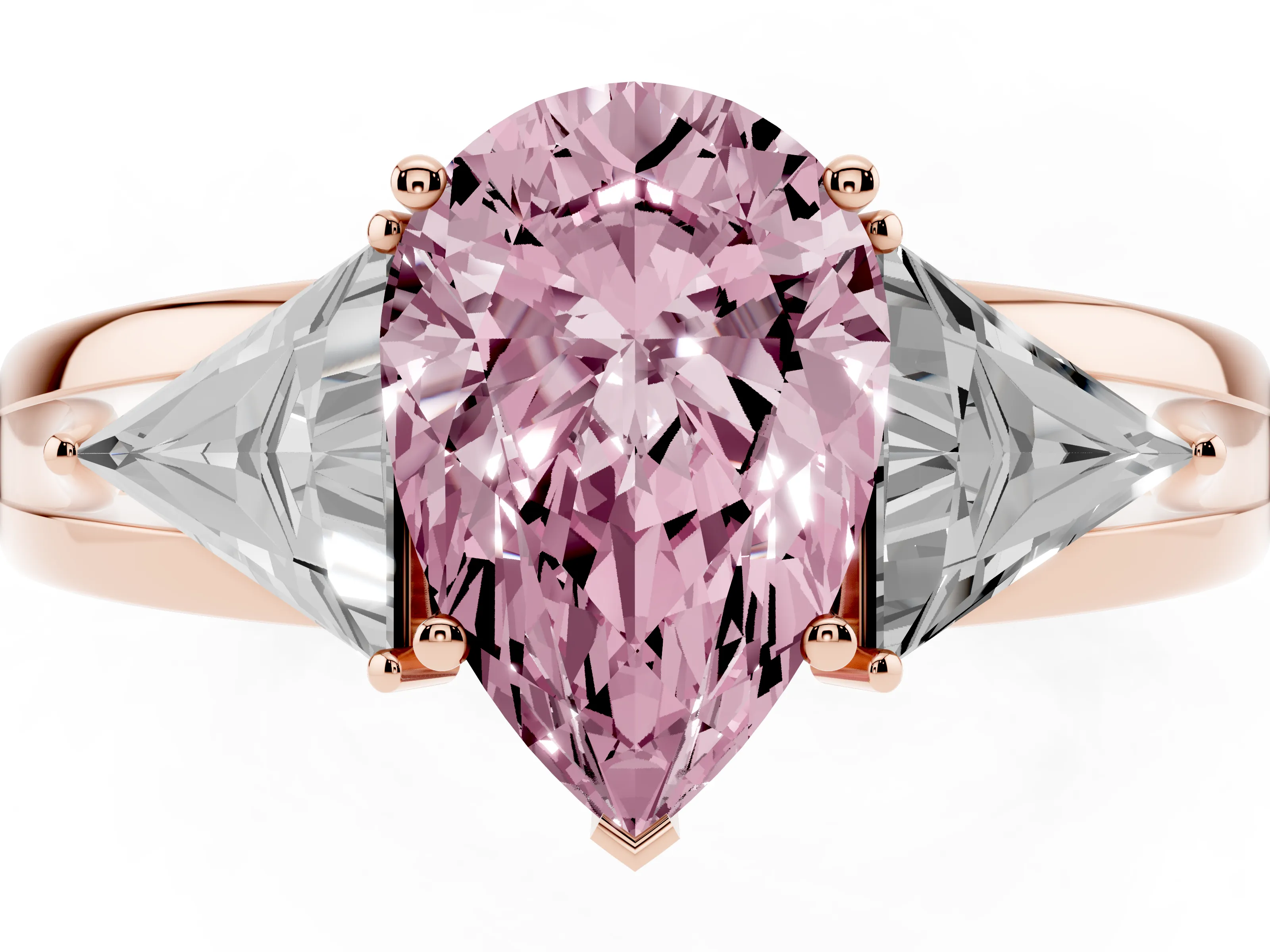 Fancy Pink Pear Cut Diamond Three-Stone Ring Set in Rose gold with Trillion Side Stones and Split Shank