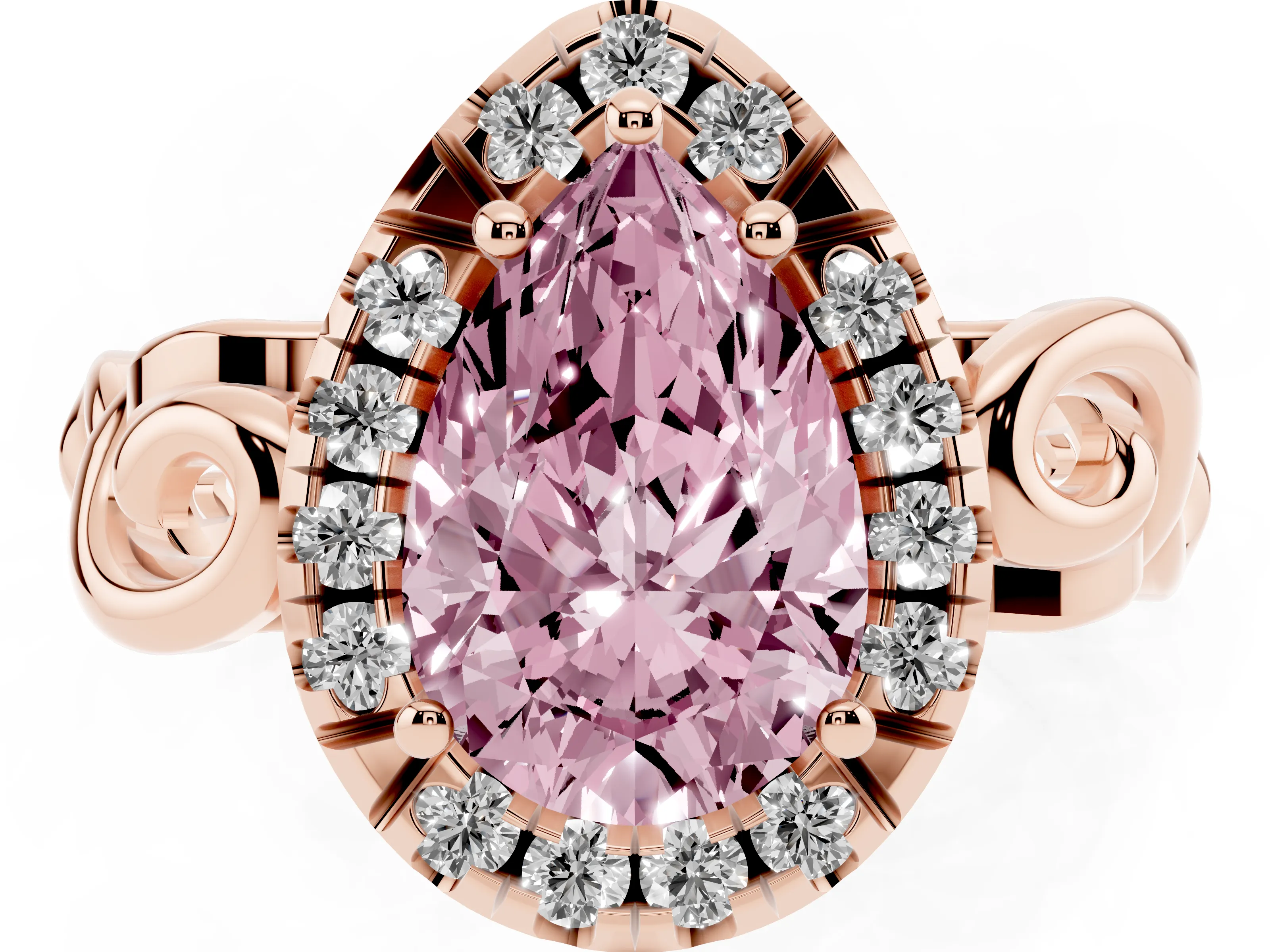 Fancy Pink Pear Cut Diamond Halo Ring Set in Rose gold with Scrollwork Band and Prong Setting
