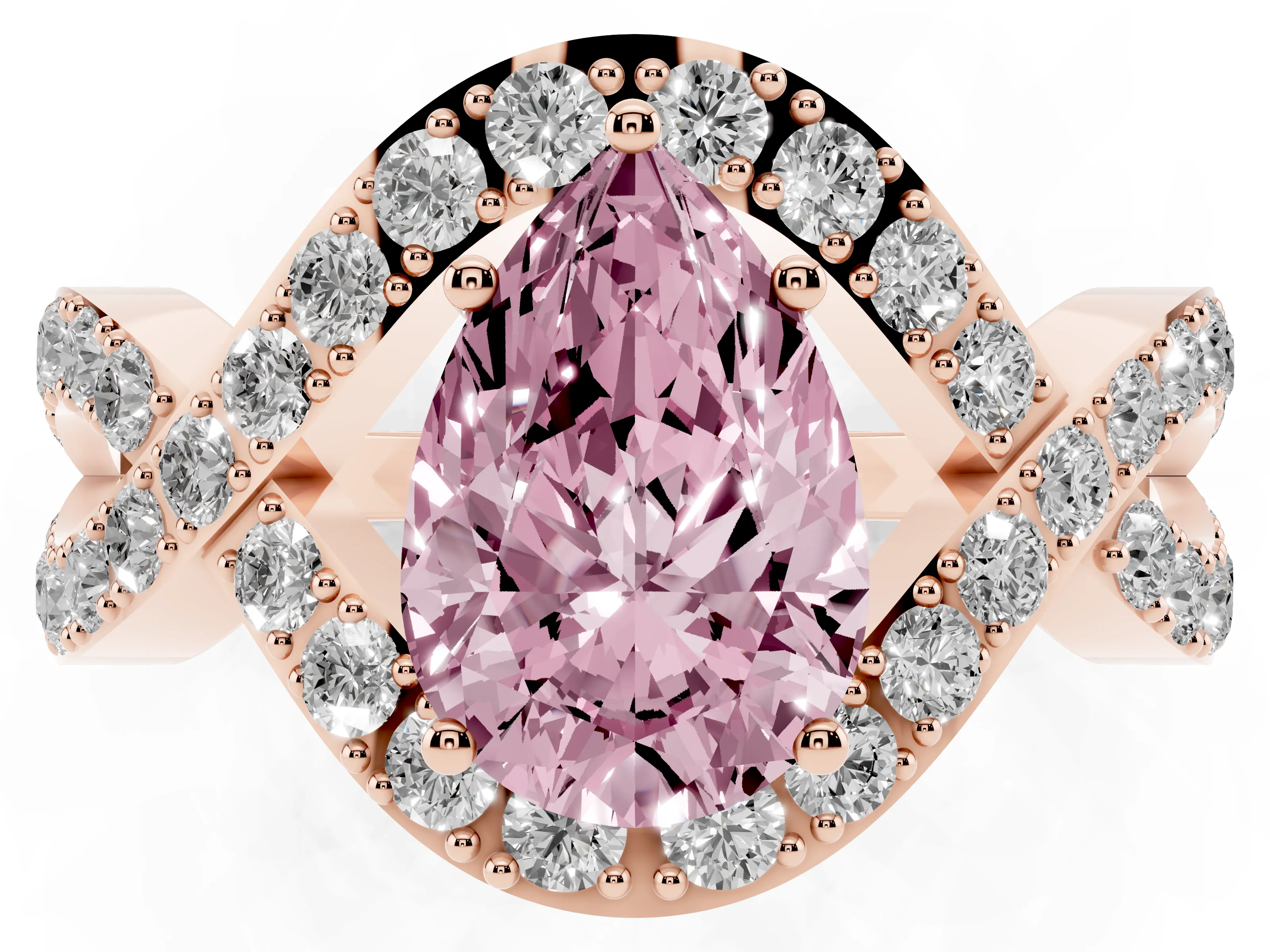 Fancy Pink Pear Cut Diamond Solitaire Twist Band Pavé Engagement Ring Set in Rose gold