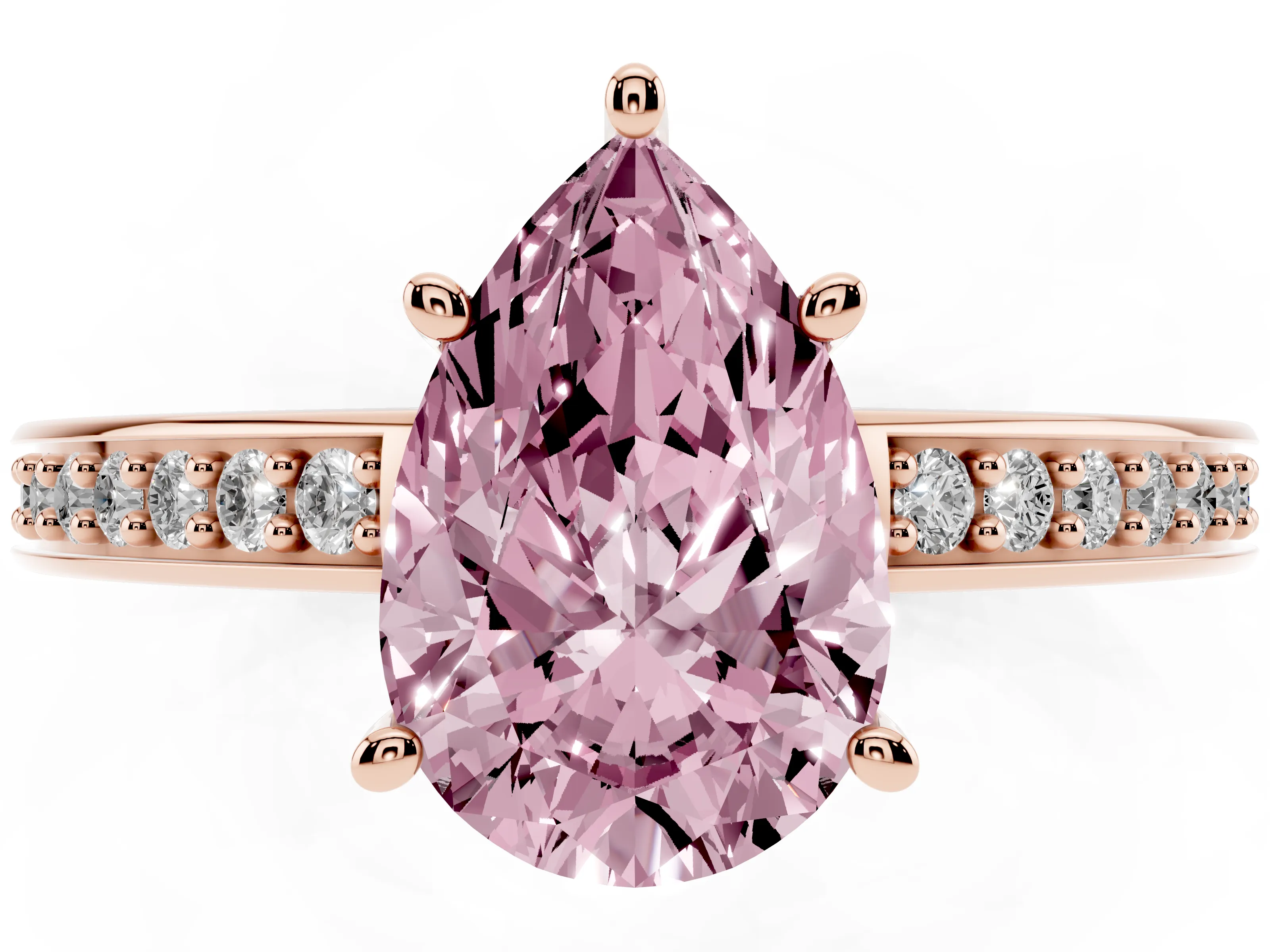 Fancy Pink Pear Cut Diamond Pavé Band Prong Set Solitaire Ring Set in Rose gold
