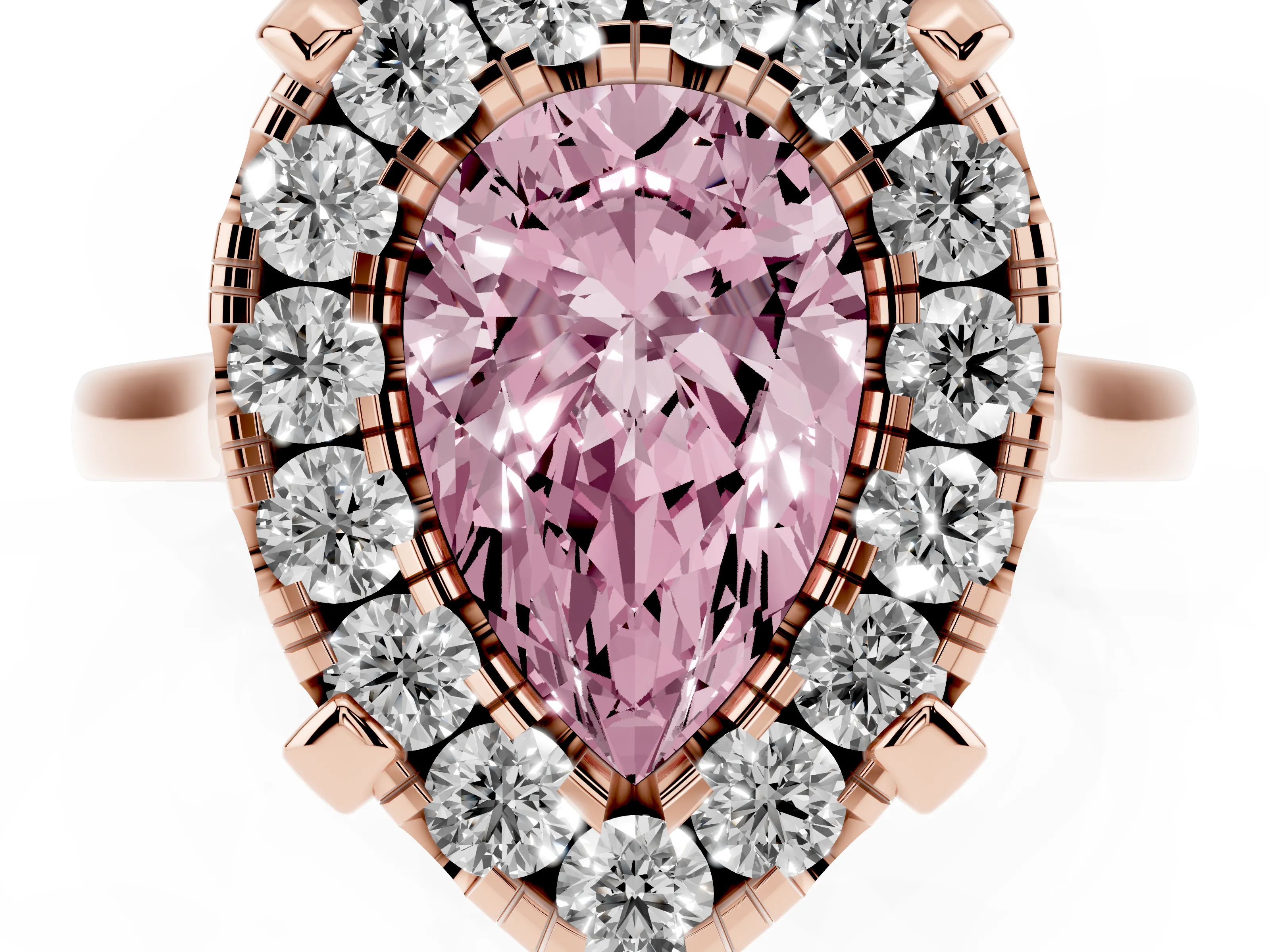Fancy Pink Pear Cut Diamond Cluster Halo Solitaire Ring Set in Rose gold with Prong Setting