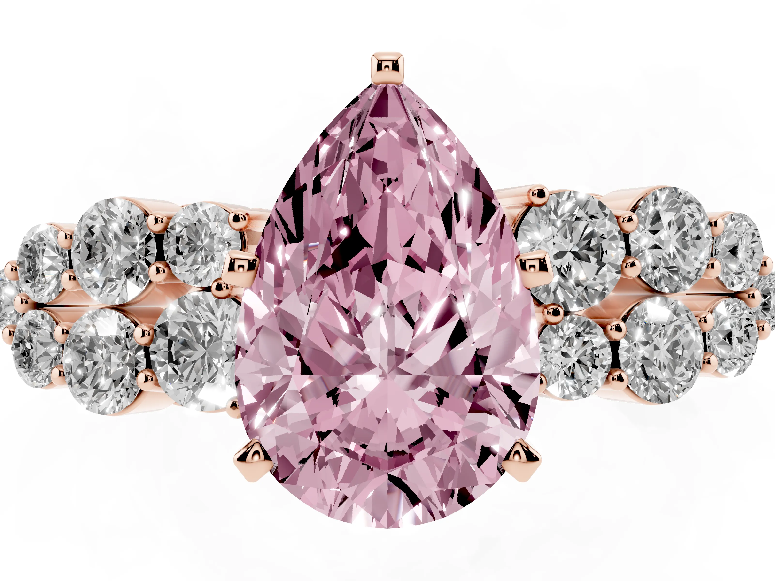 Fancy Pink Pear Cut Diamond Cluster Engagement Ring Set in Rose gold with Pavé Band and Prong Setting