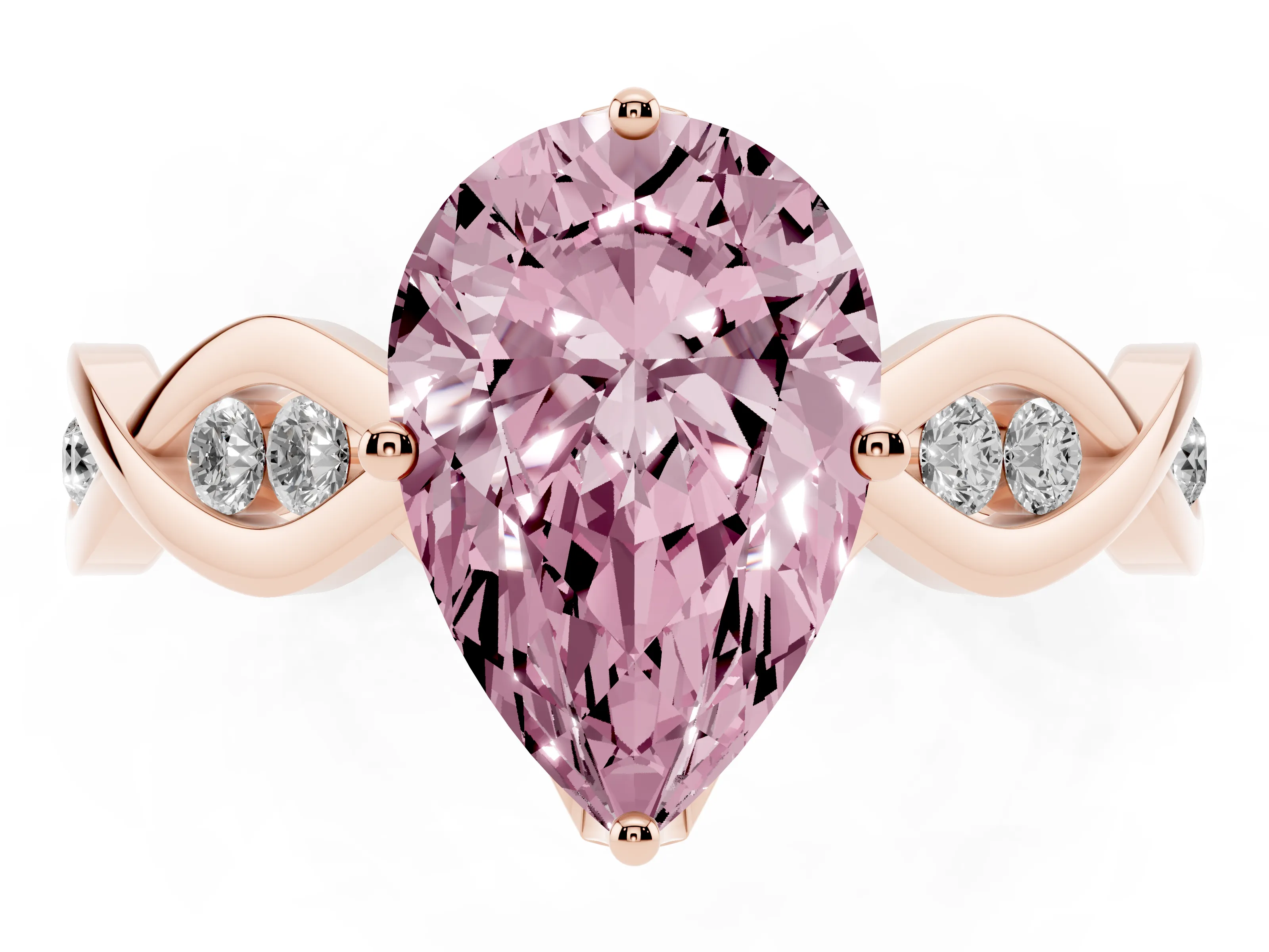 Fancy Pink Pear Cut Diamond Twist Band Solitaire Ring Set in Rose gold with Leaf Prong Setting and Accent Stones